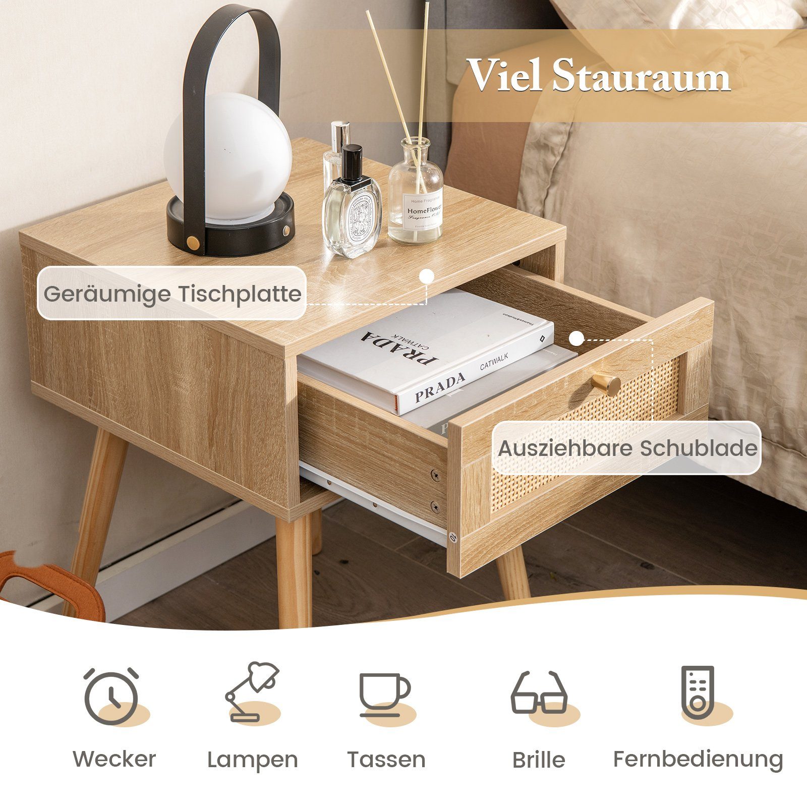 COSTWAY Nachttisch (1-St), mit Schublade und Rattan-Design, Eiche, 40x40x55cm