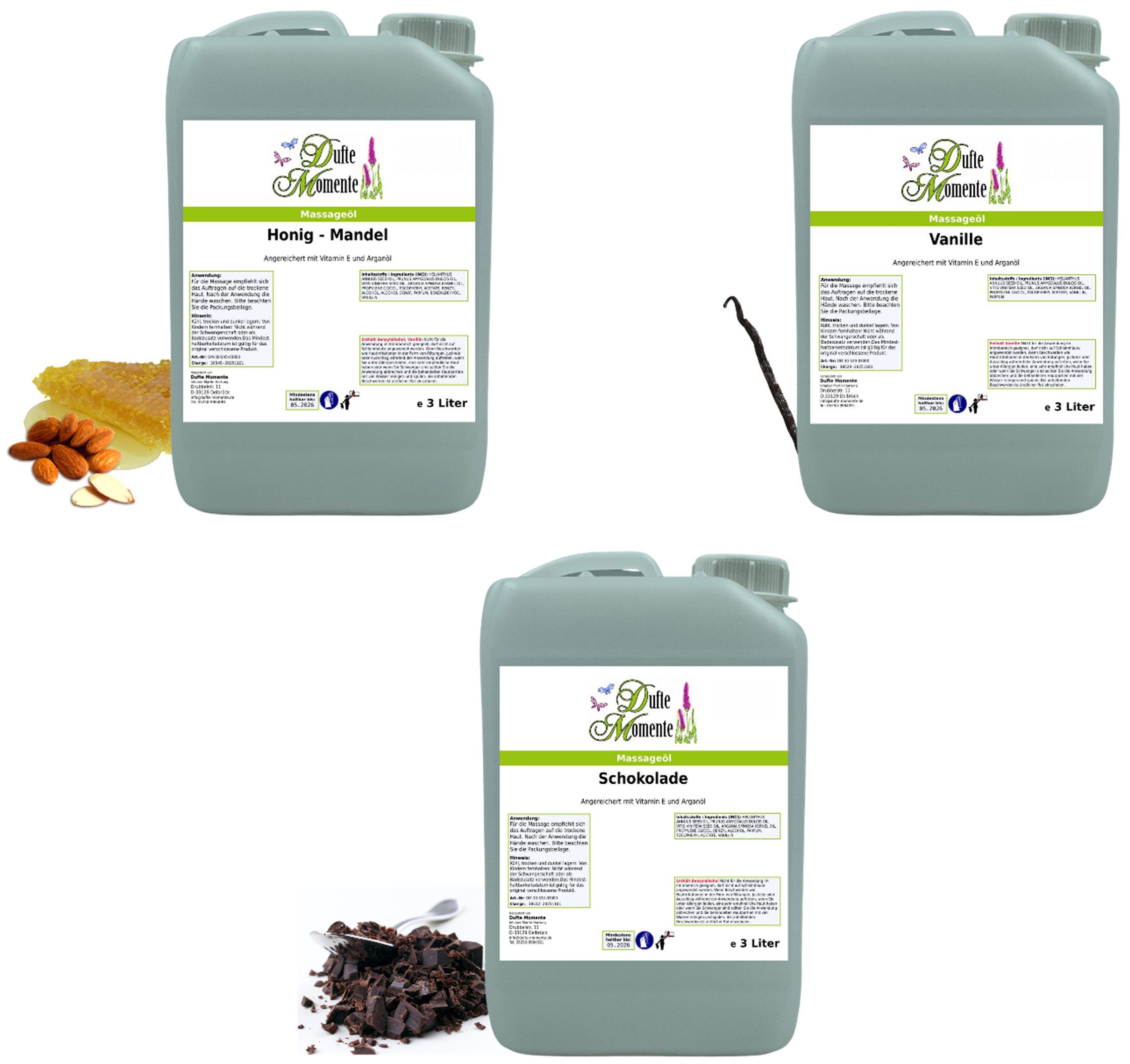 Dufte Momente Massageöl Honig-Mandel, Schokolade & Vanille 250ml - 3L Set, 3-tlg., hochwertige Pflanzenöle als Basis, vegan und ohne Tierversuche