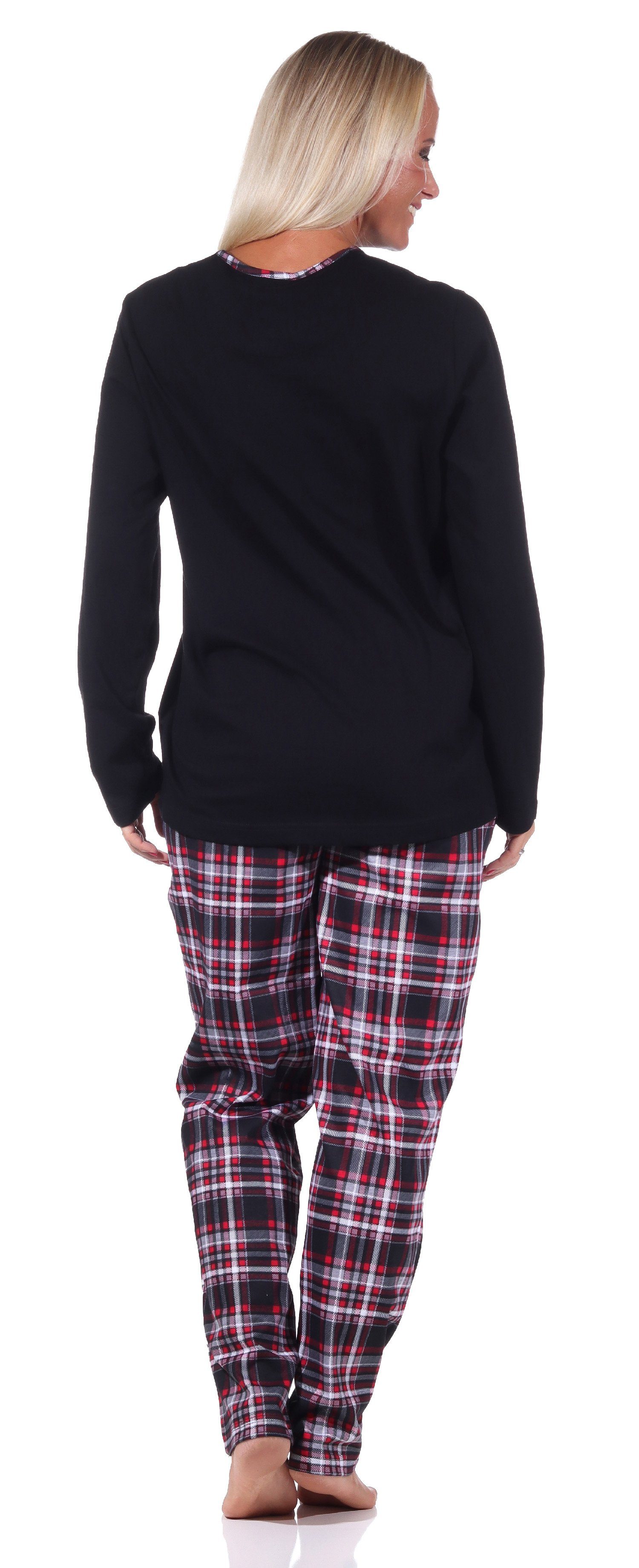 und - mit Karohose Pyjama schwarz in Tiermotiv Damen Übergrößen auch süssen Normann Pyjama
