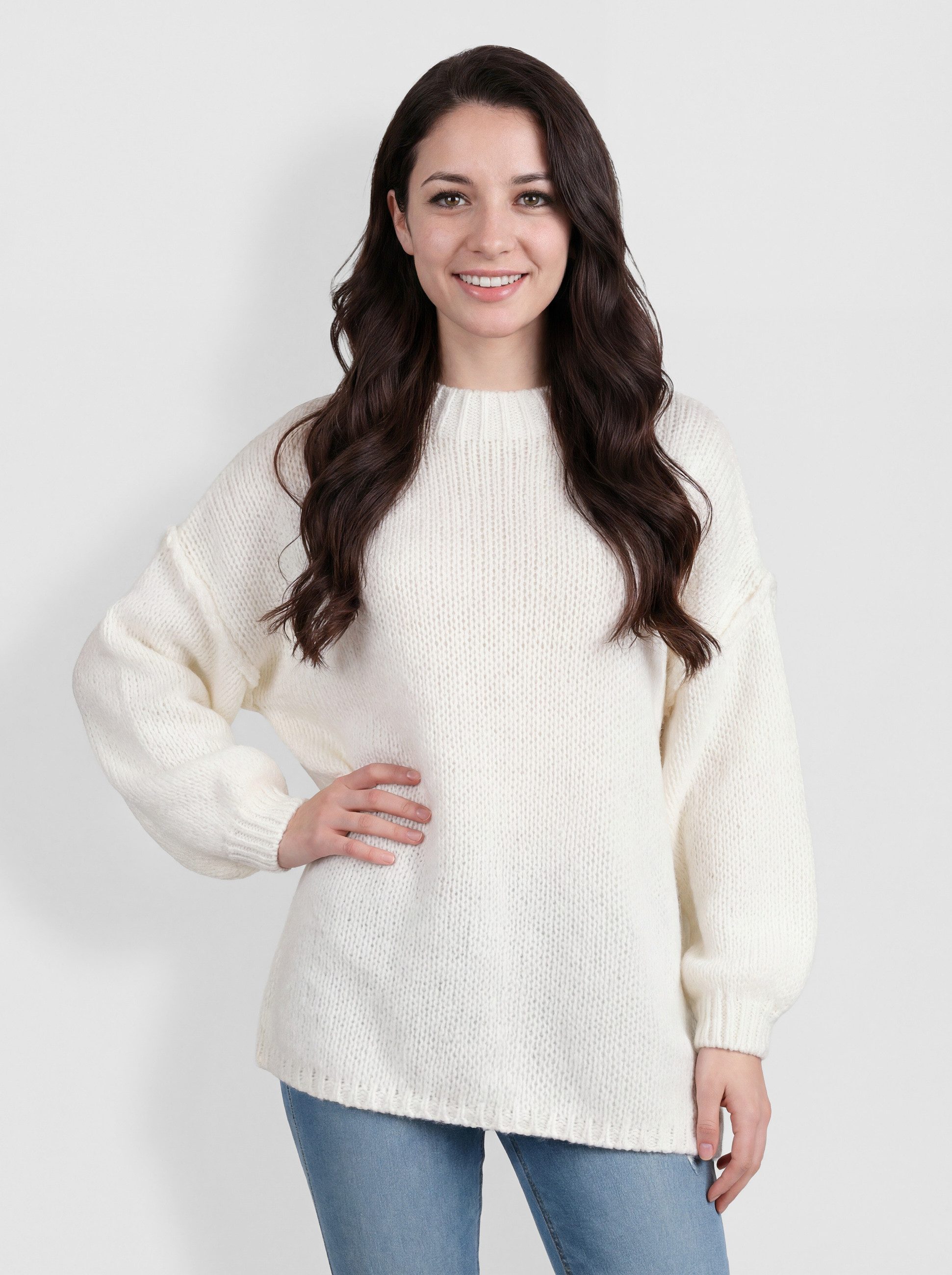 PEKIVESSA Strickpullover Oversize Grobstrickpullover mit Rundhalsausschnitt sichtbahre Naht am Ärmel