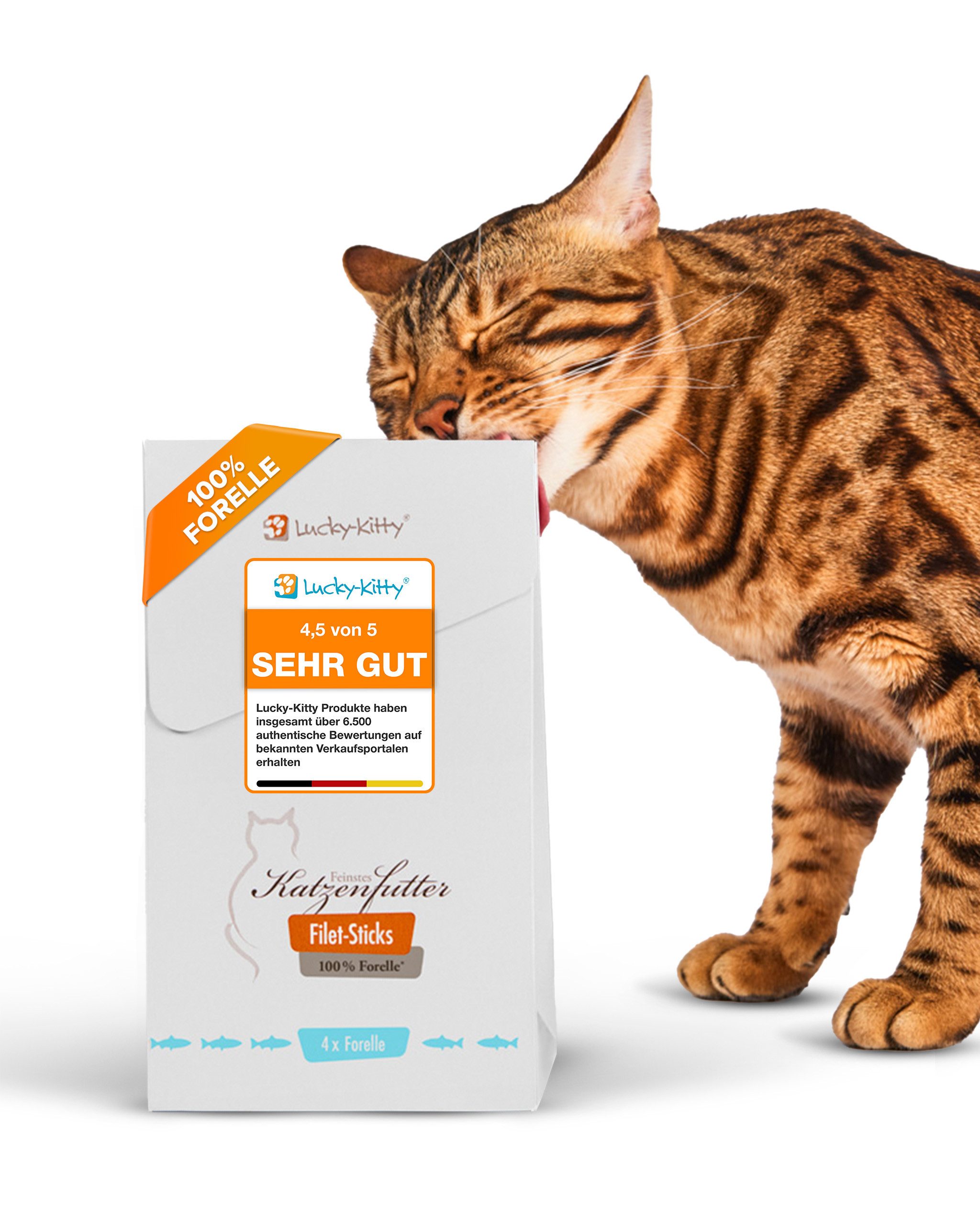 Lucky-Kitty Katzensnack, 98,5 % Fleischanteil, saftige Katzen Leckerli, 20 Stck. Forelle, Snack für: Katzen, I Filet-Sticks ohne Konservierungsstoffe, sortenrein