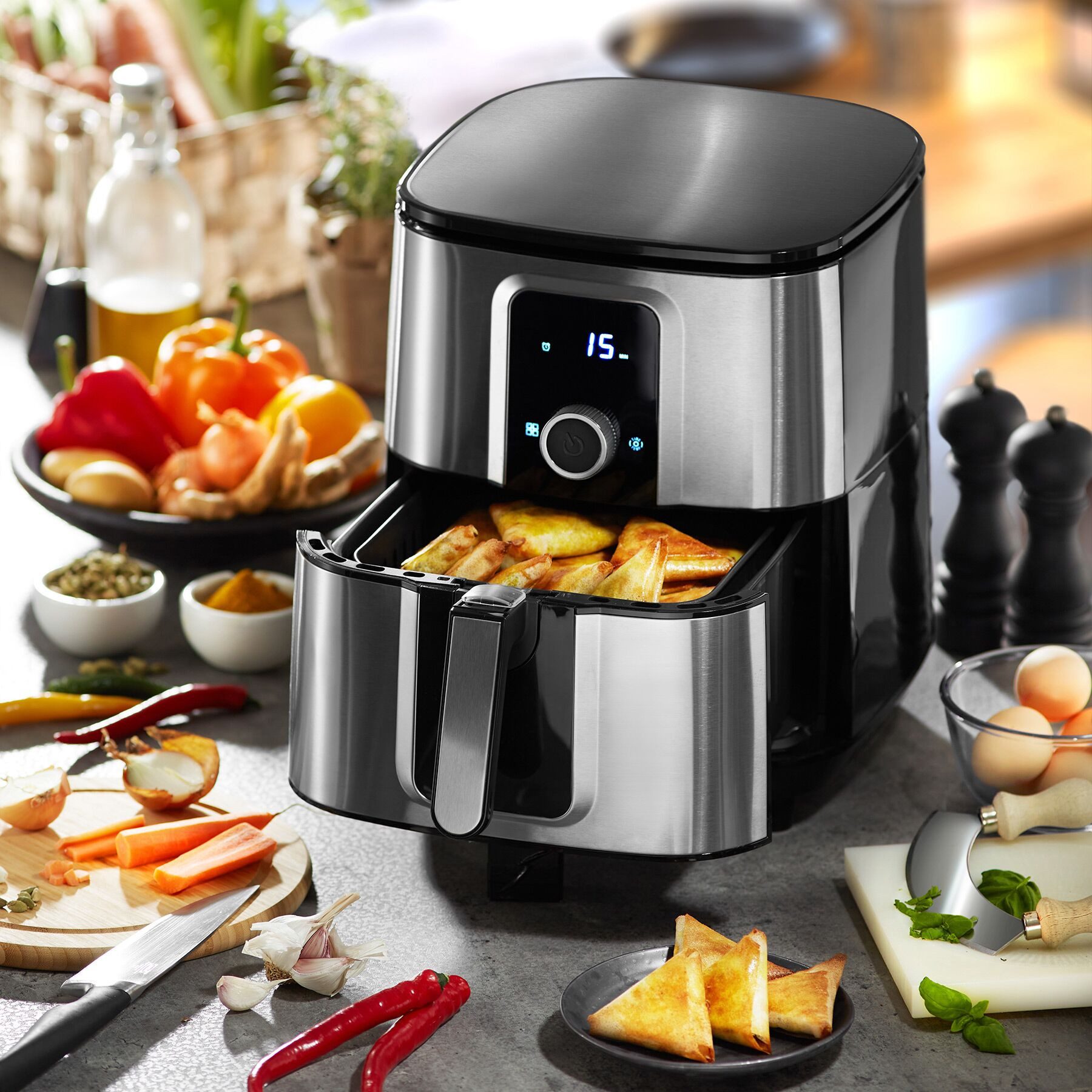 tectake Heißluftfritteuse, 1800 W, 10,2 l, 1800 W, LED-Touchscreen und Drehknopf mit 8 Programmen