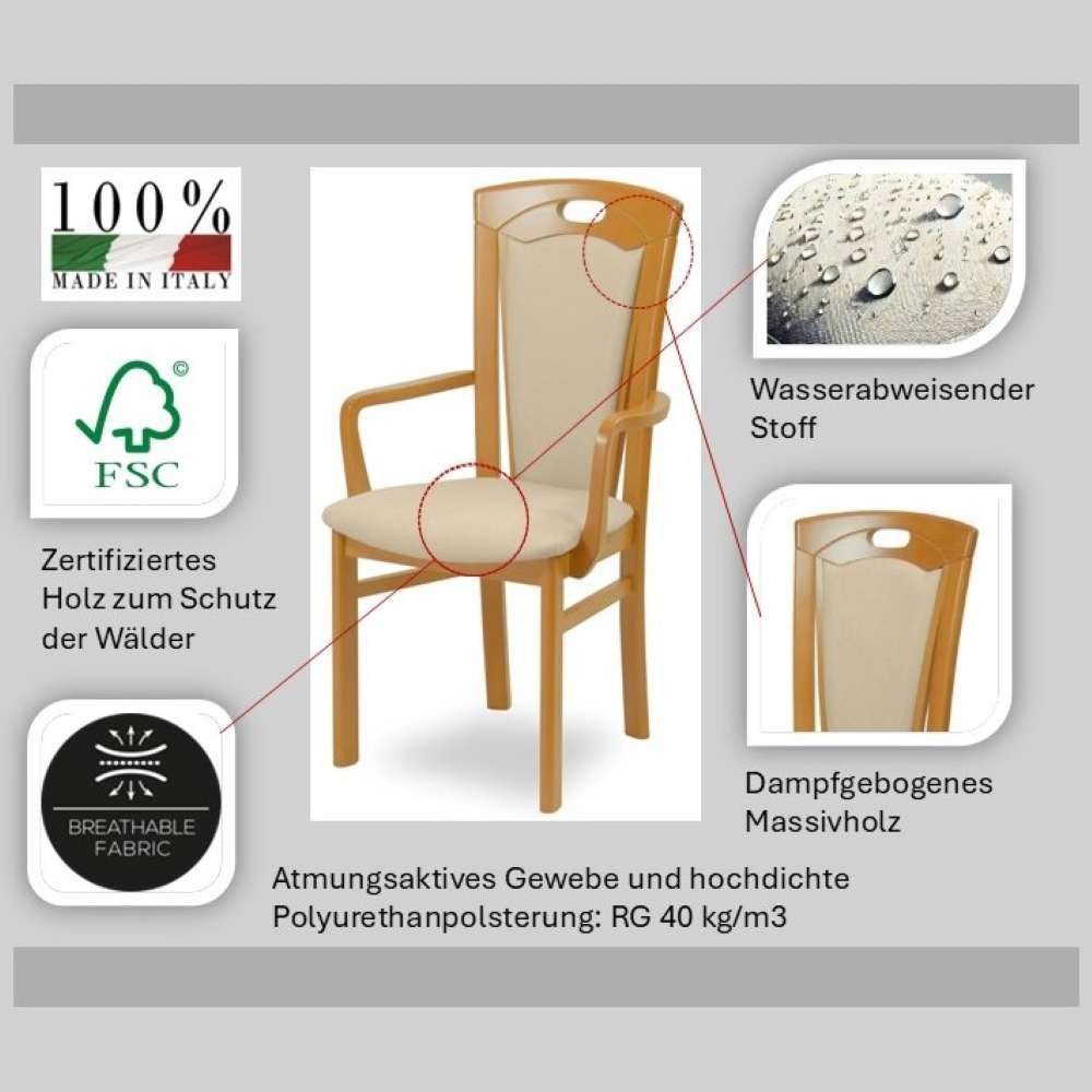Home affaire Esszimmerstuhl FERDI, Armlehnstuhl, Made in Italy, Massivholz (1 St), Bezug Feinstruktur (wasser-und fleckabweisend) oder Struktur