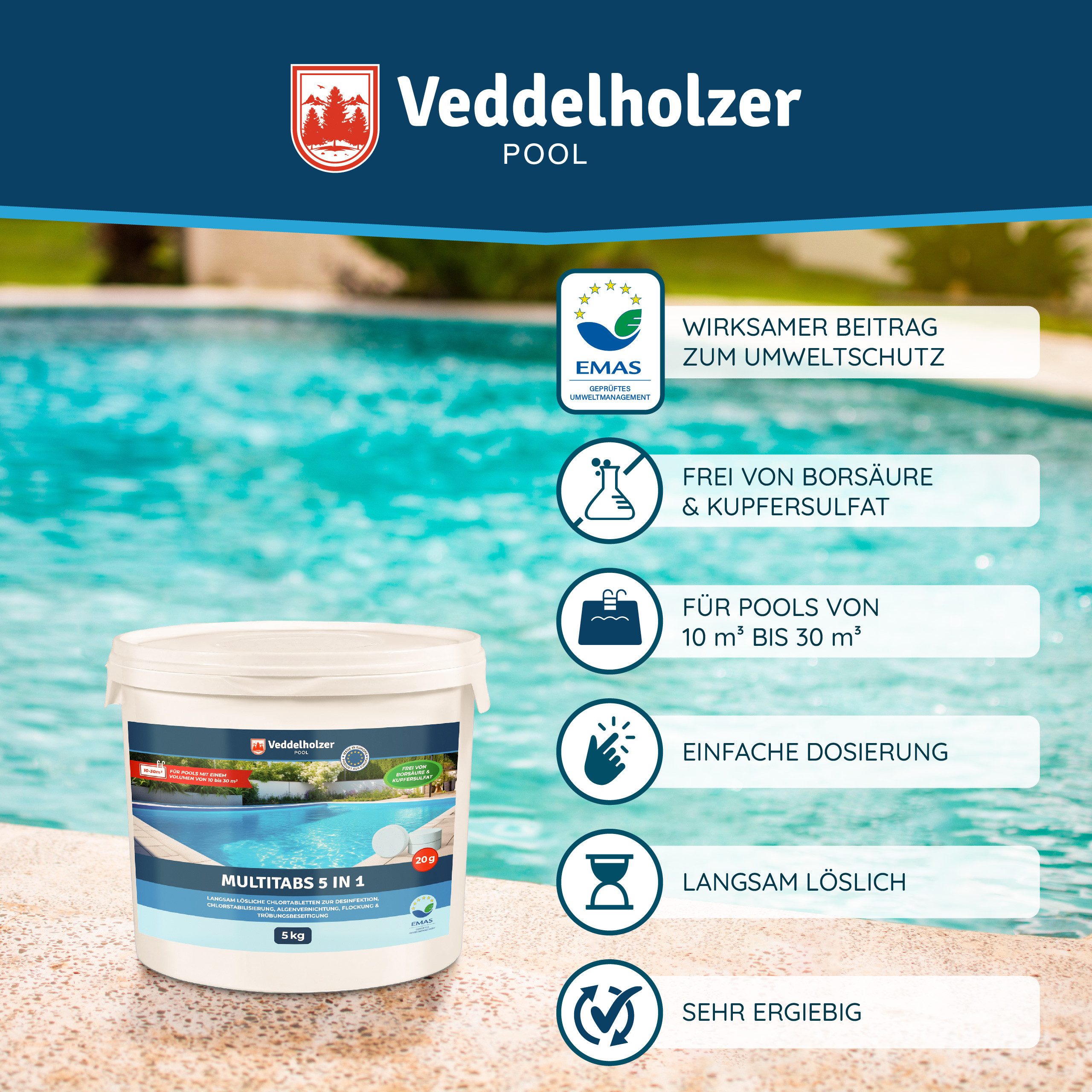 Thumbnail - Veddelholzer Garten Chlortabletten 5 kg Multitabs 5 in 1 Chlortabletten langsam löslich Pool Zubehör, (Chlortabletten fü...