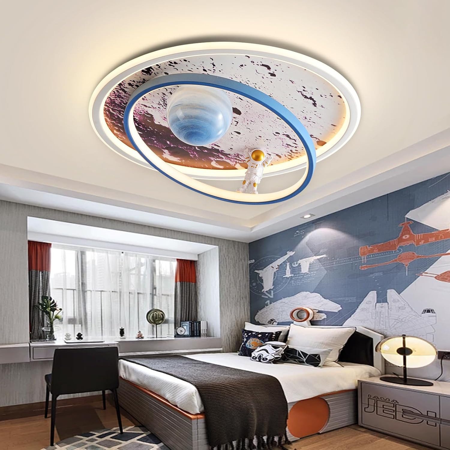 RRBEST Deckenleuchte LED Kinder Deckenlampe, Modernes Design Mond Astronaut Deckenleuchte, Dimmbar mit Fernbedienung Jungen und Mädchen Kinderzimmer Lampen