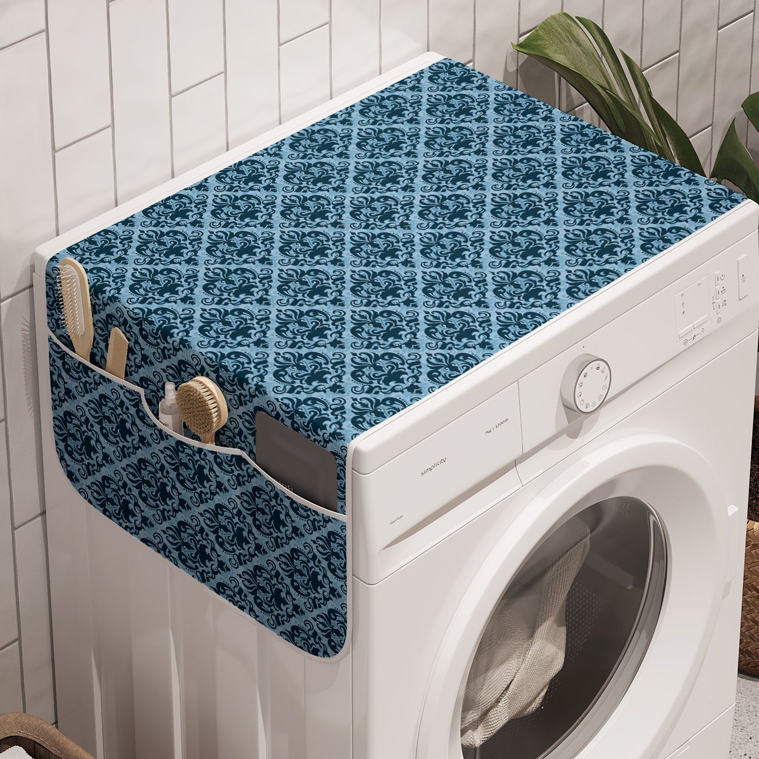 Anti-Rutsch-Stoffabdeckung Trockner, Waschmaschine Abakuhaus Damast Victorian Wirbler für Badorganizer Rokoko und Blau
