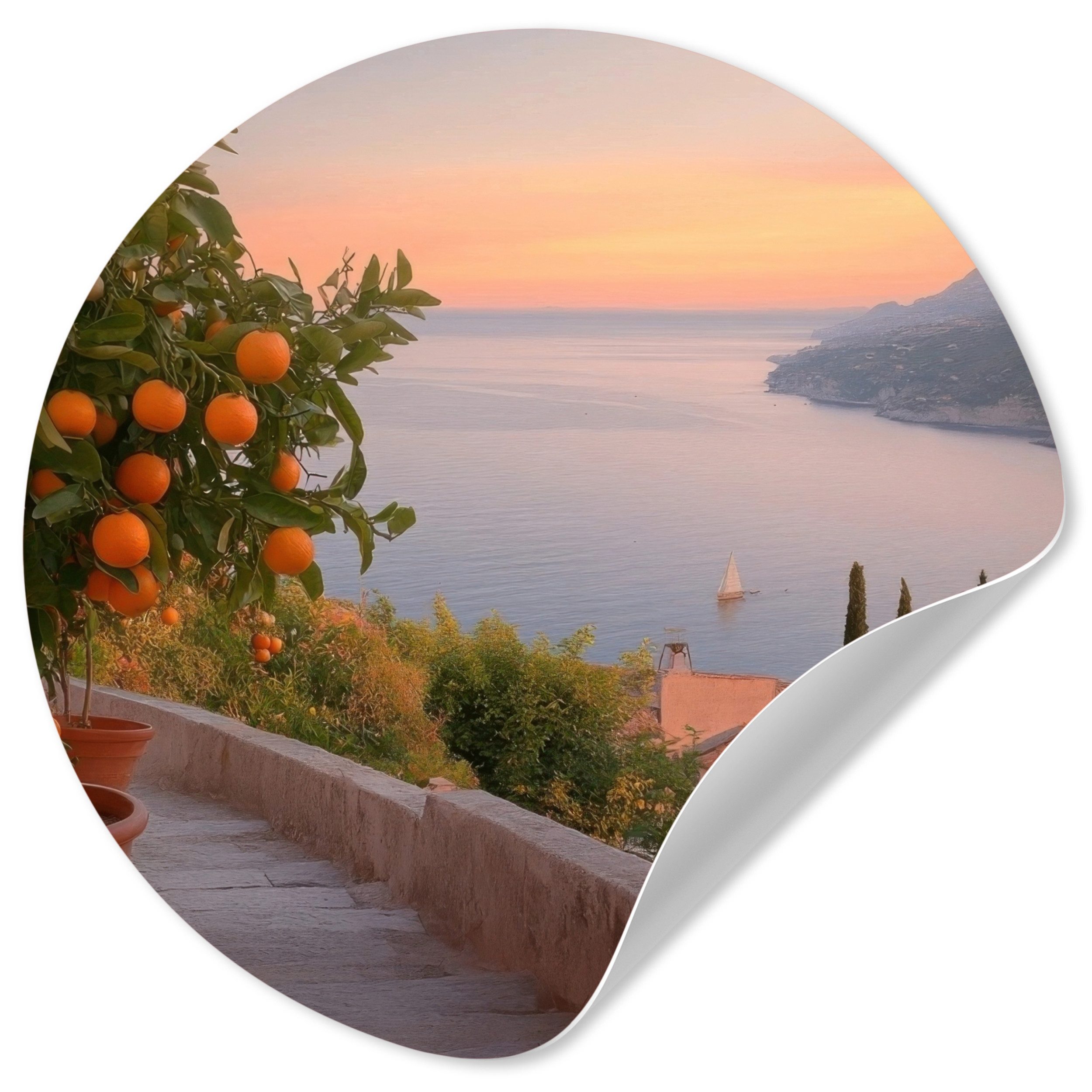MuchoWow Wandsticker Mittelmeer - Orange - Hügel - Meer (1 St), Wandtattoo Selbstklebend, Wohnzimmer Deko Aufkleber, 30x30 cm
