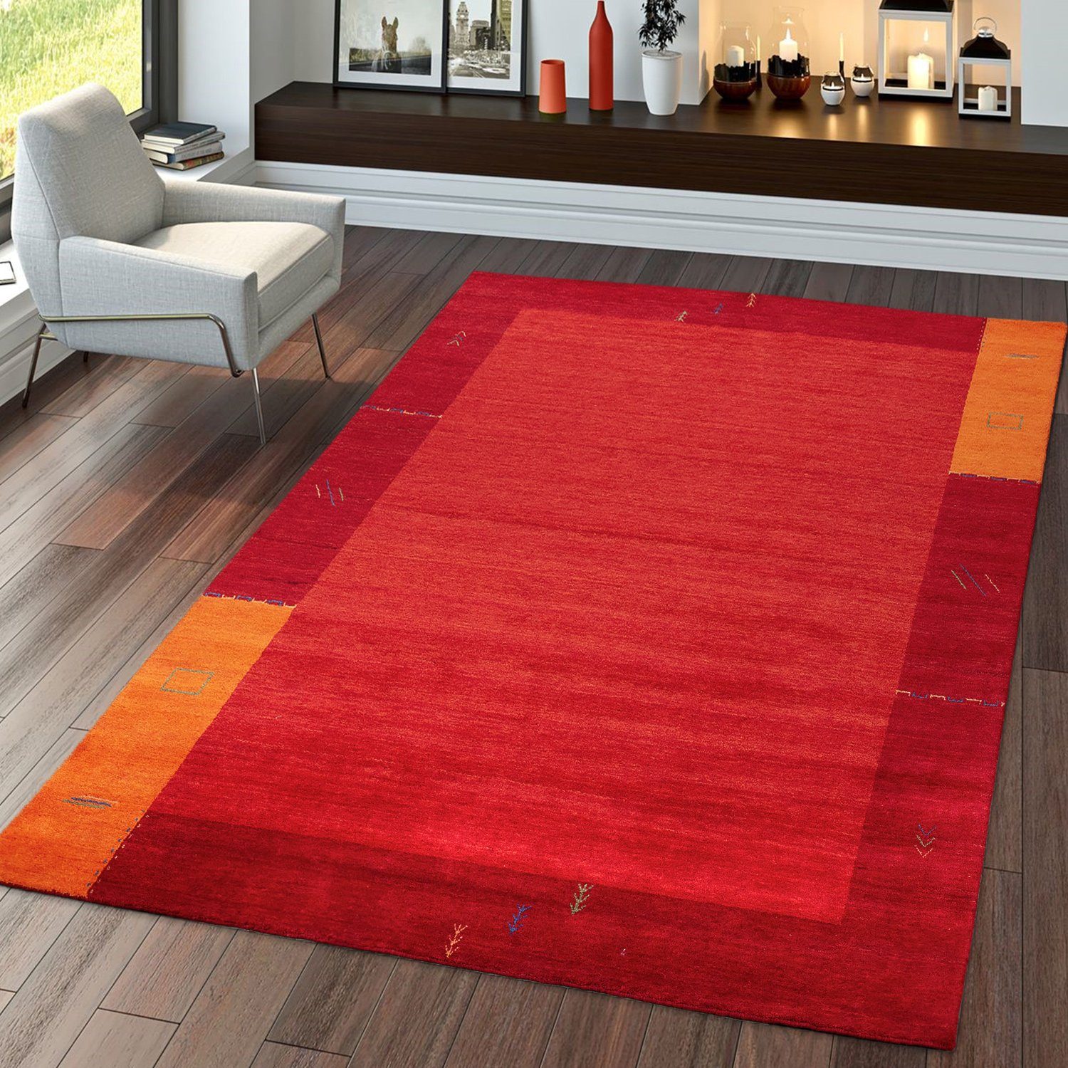 Teppich Handgertigter Indischer Gabbeh 100% Wolle Bordüre Terrakotta Orange, TT Home, rechteckig, Höhe: 13 mm