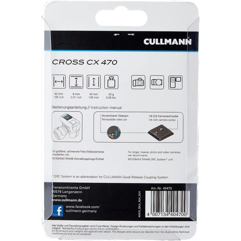 - Cross CX470 Schnellkupplungsplatte - Cullmann 40470 schwarz SK-Platte Stativhalterung