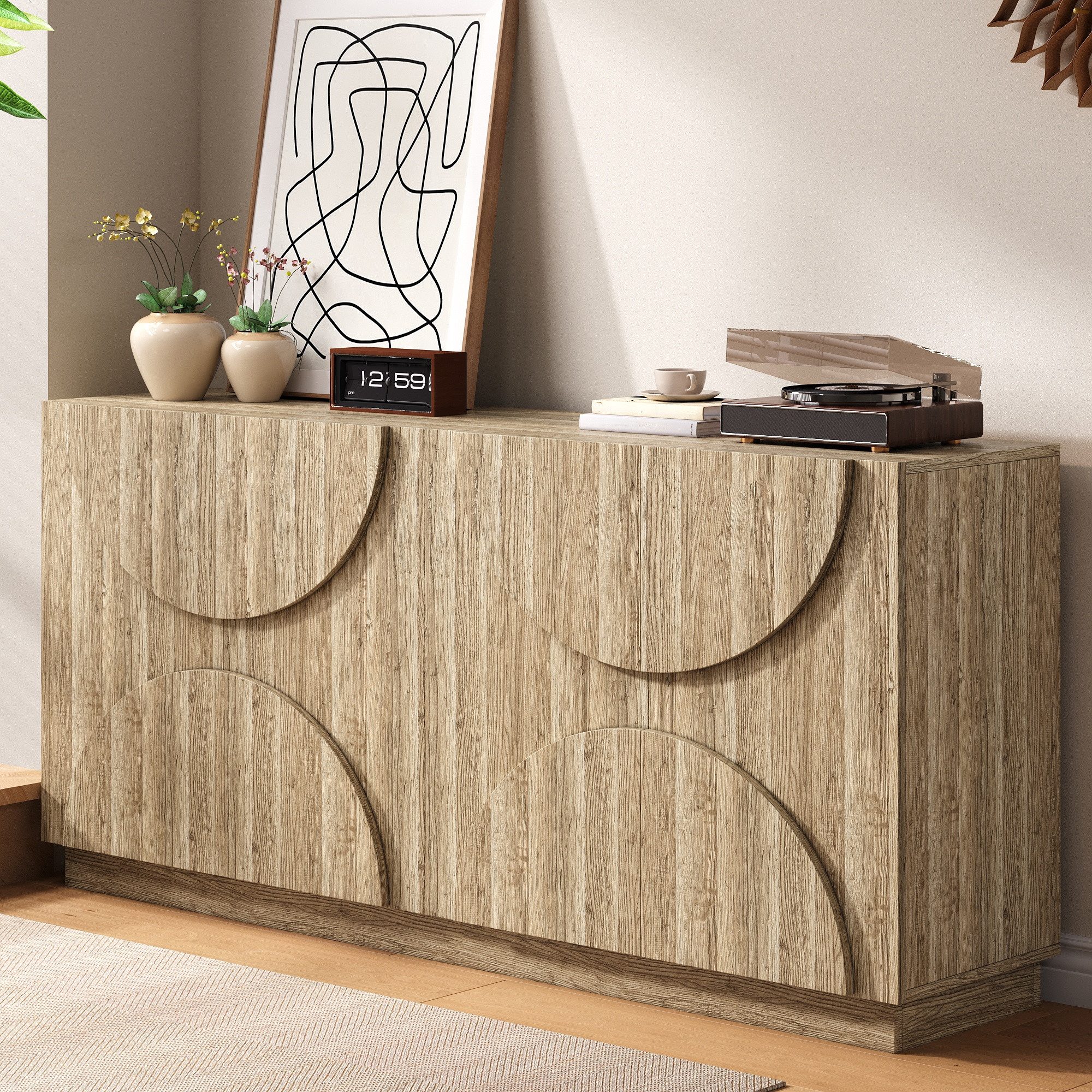 Merax Sideboard mit 4 Türen und flexiblen Einlegeböden (1 St., Anrichte mit Rebounder), Aufbewahrungsschrank Kommode in natürlicher Holzmaserung, 160x40x80cm
