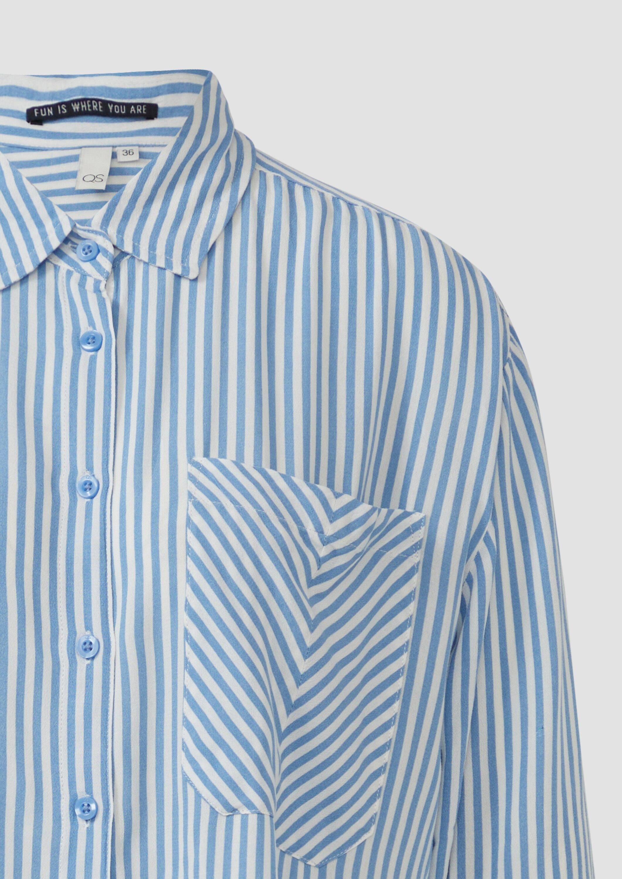 QS Langarmbluse Bluse Verkürzte Streifenbluse mit aufgesetzter Tasche