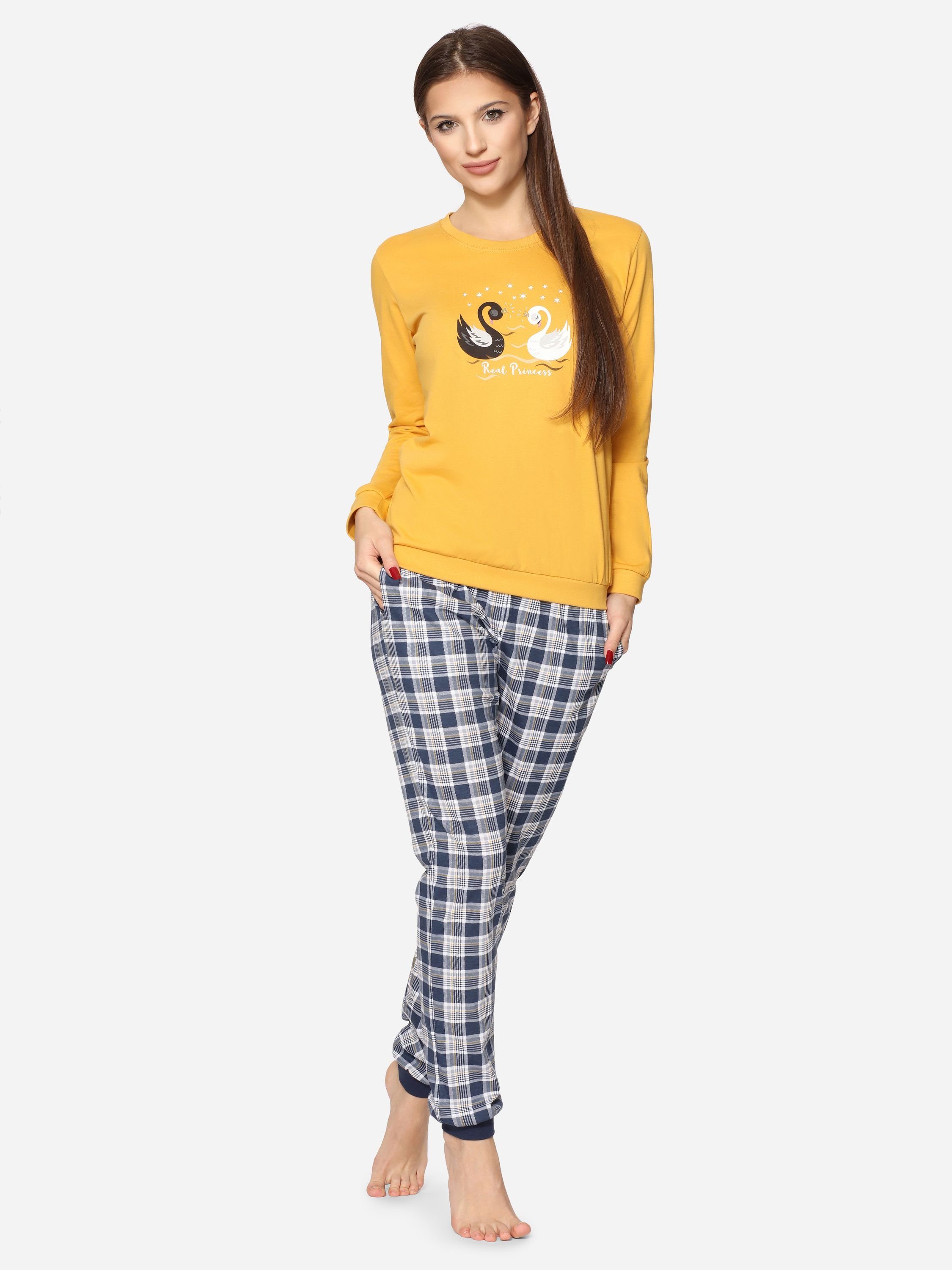 Honig Damen Langarm mit Baumwolle Cornette Pyjama Zweiteiler Rundhals 634 (Swan) Schlafanzug Schlafanzug