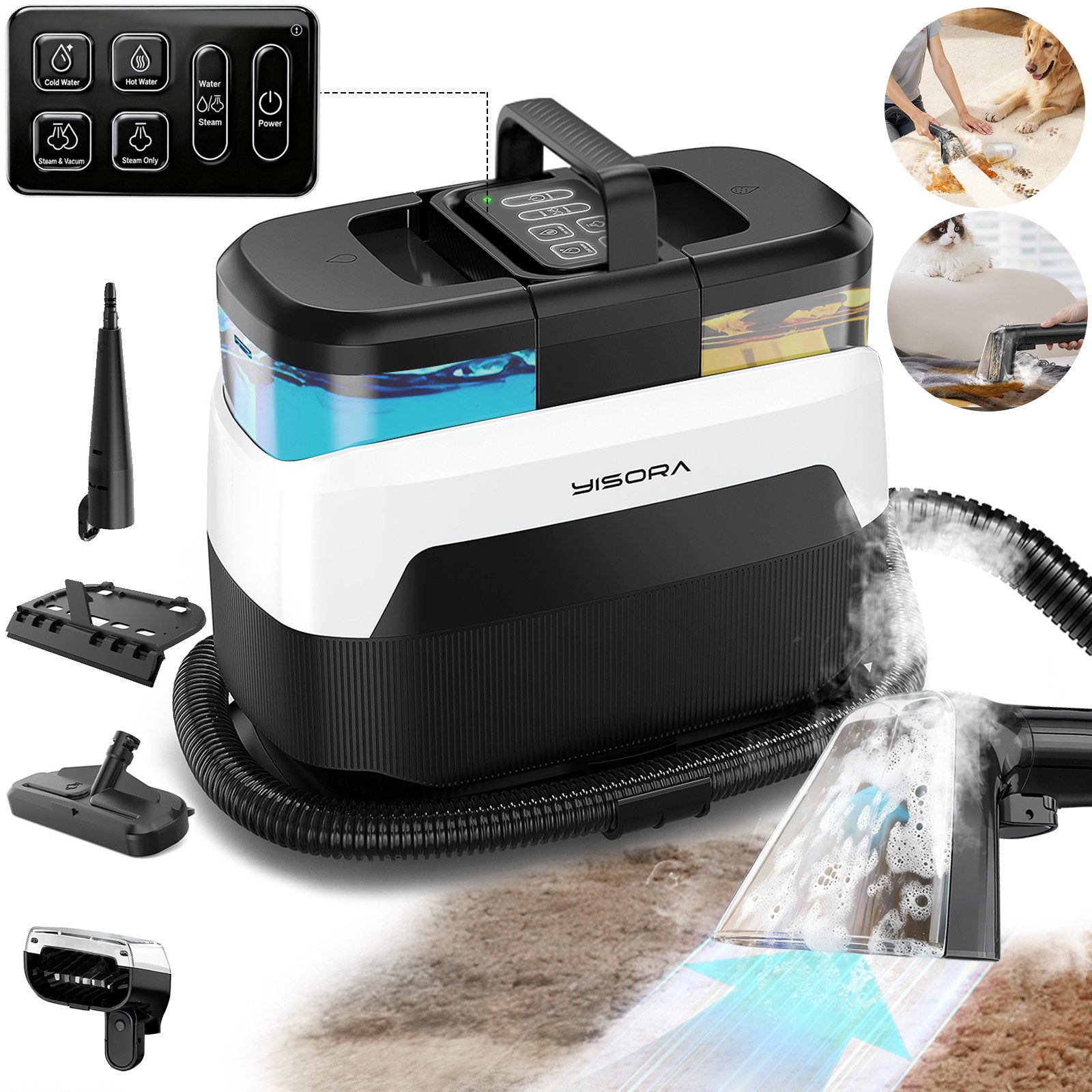 Grenintol Teppichreinigungsgerät,Waschsauger,Teppichreiniger,Polsterreiniger Gerät mit Dampferhitzung, 1650 W, Fleckenreiniger 35 KPA starke Saugleistung, Tiefenreinigung in vier Modix, Die Dampftemperatur ist verstellbar von 65°C bis 100℃, Für Küchenfett, Teppiche, Polstermöbel, Sofas, Autos, Haustiere.