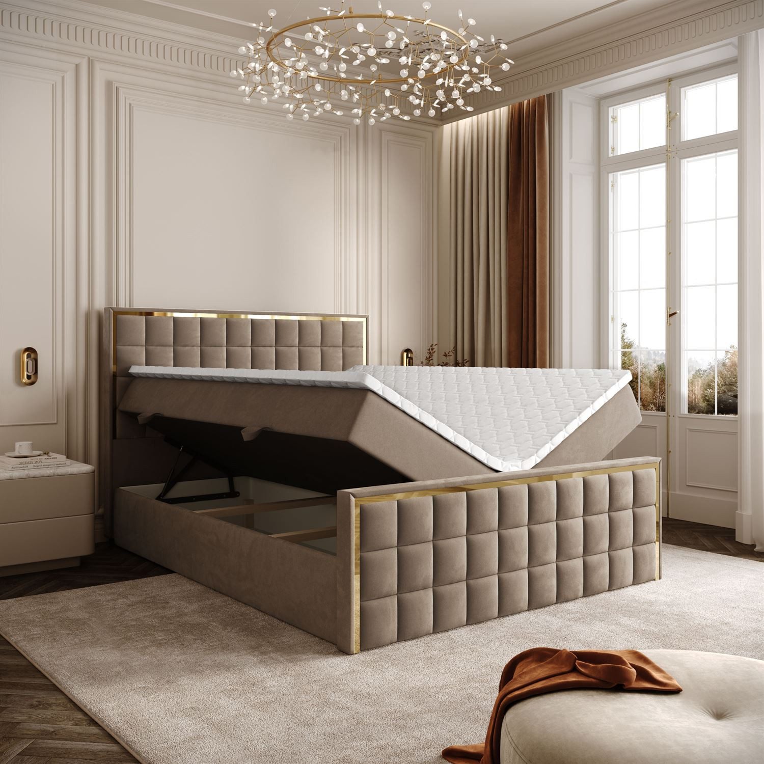 Lookway Boxspringbett mit zwei Bettkästen für Bettwäsche, ISADORA II GOLD (Boxspringbett mit Topper), Breite: 140/160/180x200 – Bild 2 von 5