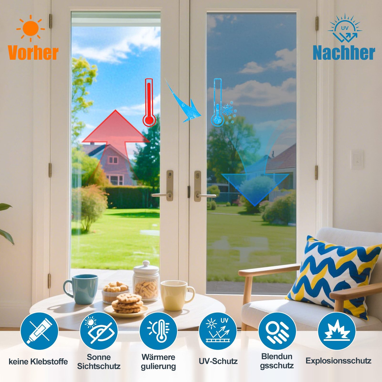Bundviel Sonnenschutz-Fensterfolie UV-Schutz Blickdicht Sonnenschutzfolie Einseitige UV Folie Fenster