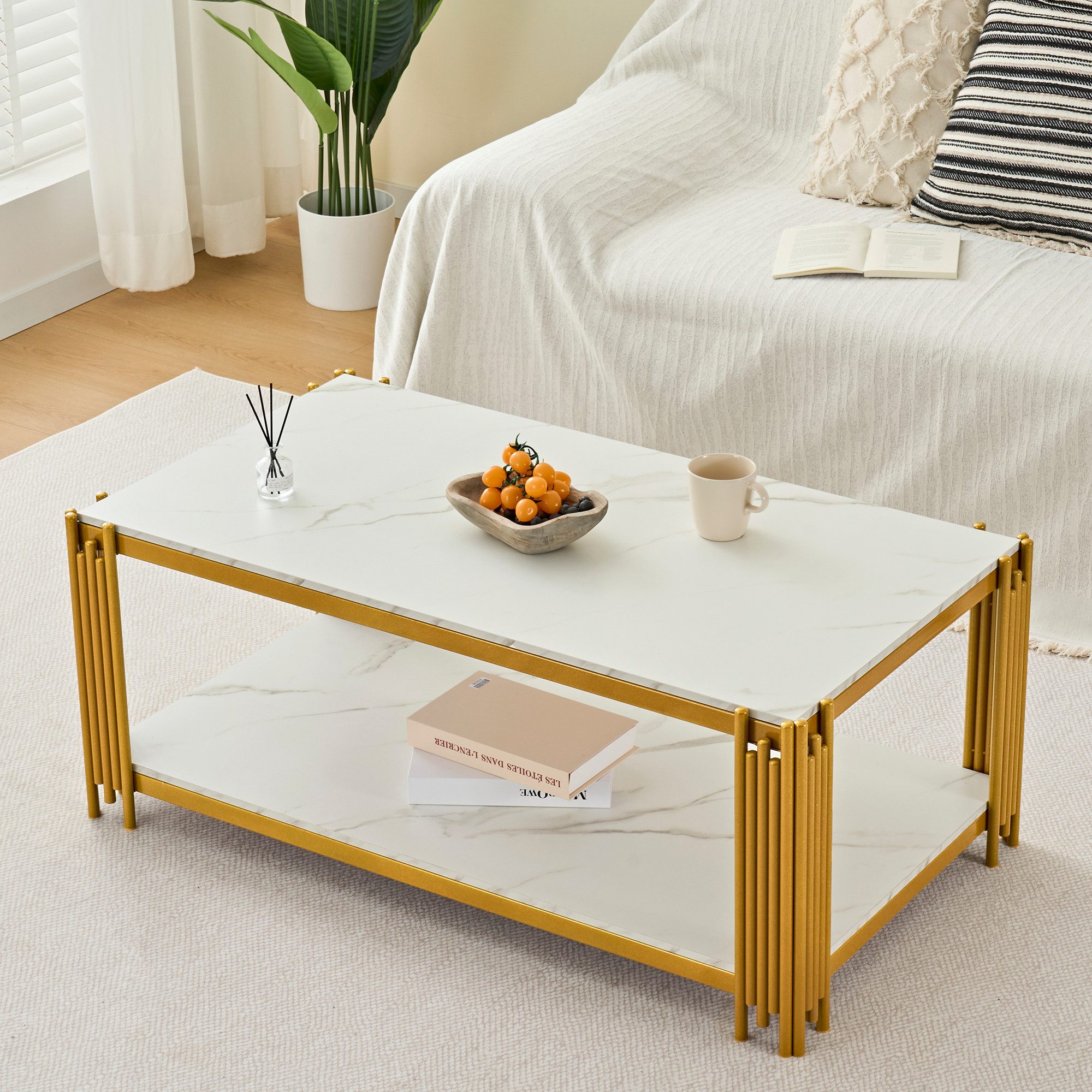 Fine Life Pro Couchtisch Rechteckiger Couchtisch, Marmoroptik-Platte, Metallbeine, weiß-gold, H46xB114xT64 cm, modernes Wohnzimmermöbel, elegantes Design – Bild 4 von 5