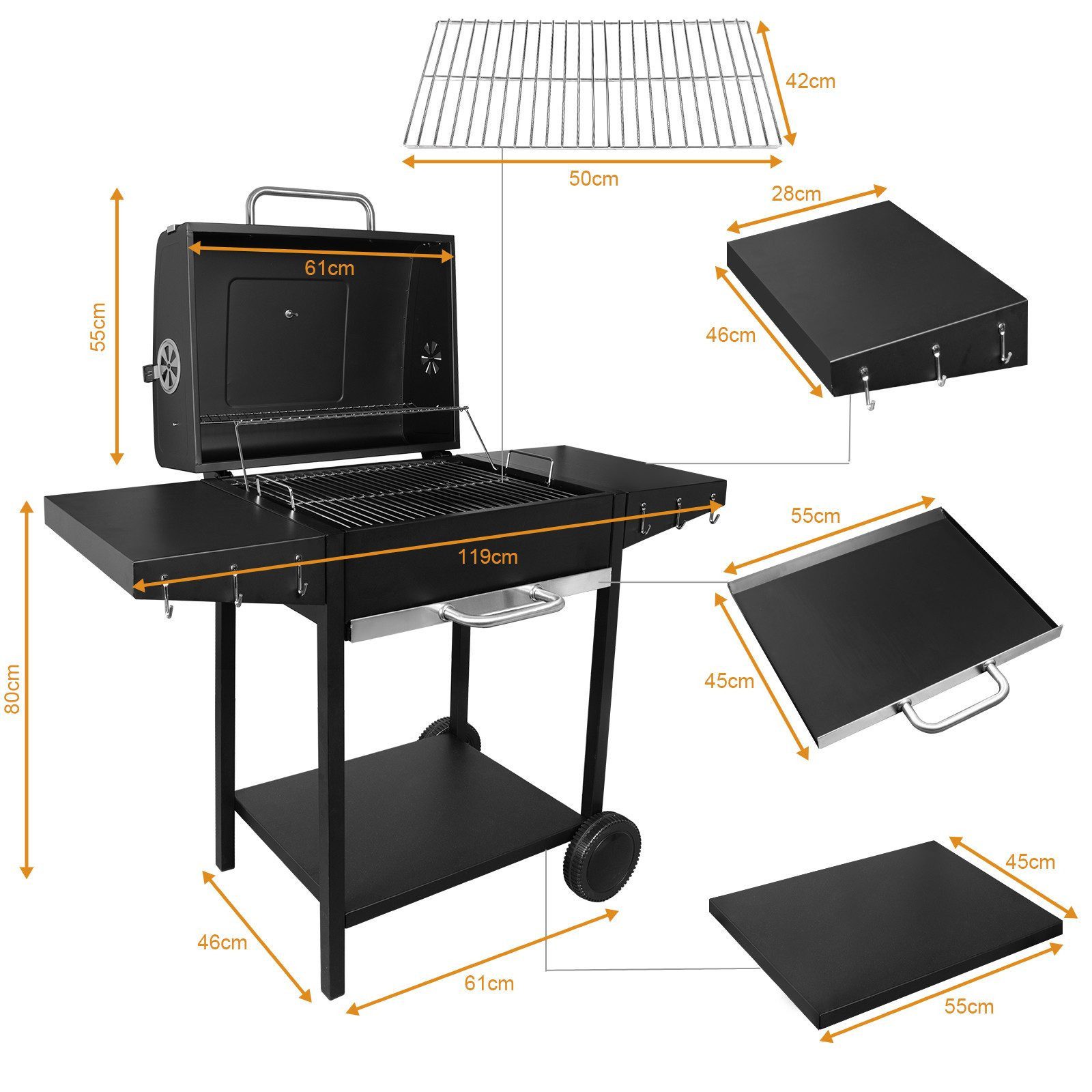 SunJas Holzkohlegrill XXL Grillwagen mit Deckel,Thermometer und Seitentisch, XXL Gartengrill BBQ Grill Standgrill Großer Holzkohlegrill, Grillfläche: 50x42cm fü – Bild 5 von 5