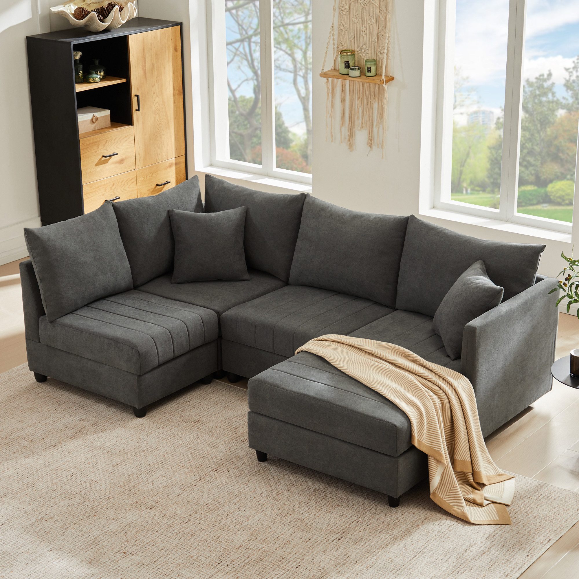 OKWISH Ecksofa L-förmiges/U-förmiges Sofa, Polstersofa, Wohnzimmersofa, Schlafcouch, Modulares Sofa, 5-Sitzer, mit umwandelbarem Fußhocker