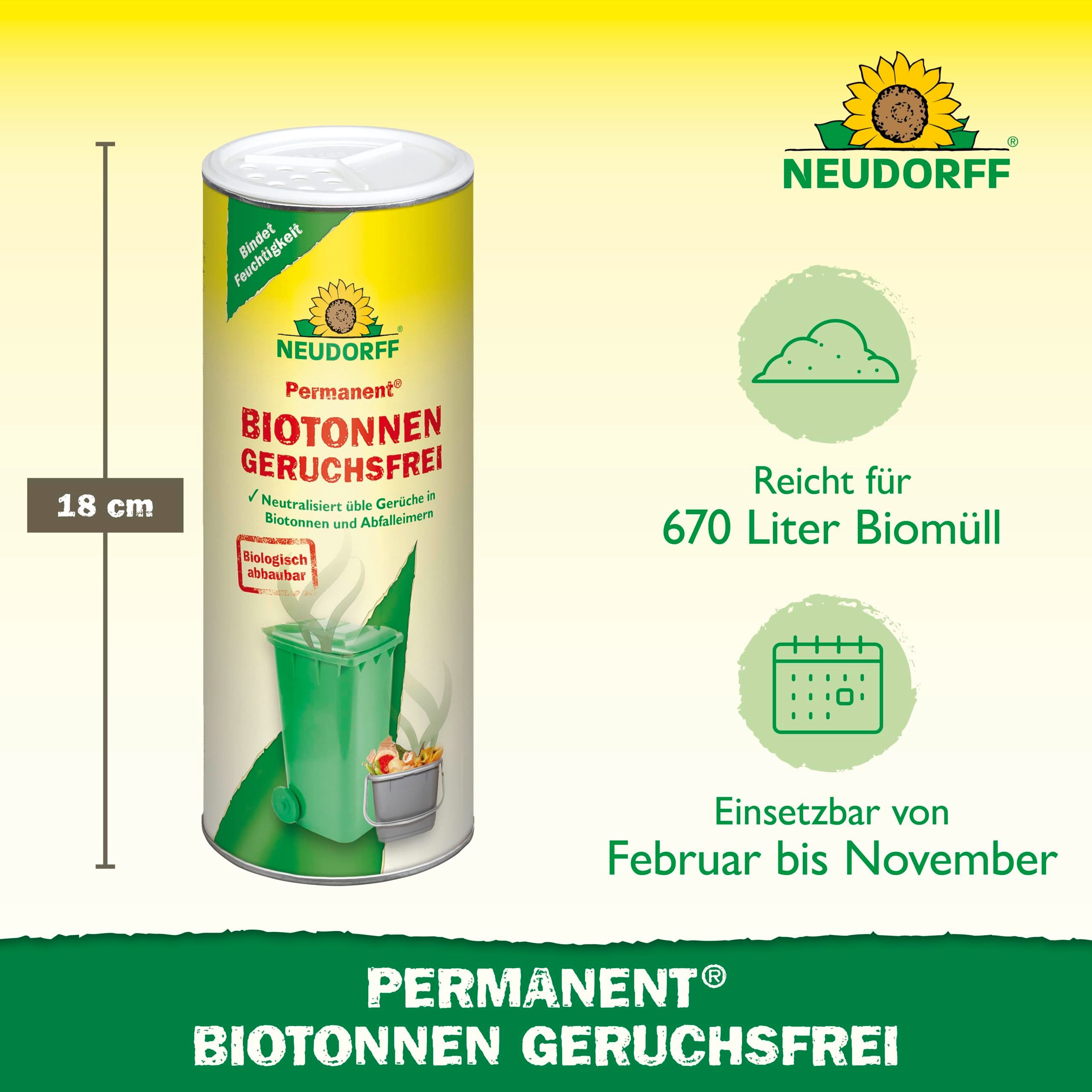 Neudorff Vergrämungsmittel Permanent BiotonnenGeruchsFrei 500 g für 670L Biomüll, biologisch abbaubar, neutralisiert üble Gerüche in Biotonnen, Abfalleimern und Kompostern, Biologisch abbaubares Geruchsneutralisierungs-Granulat