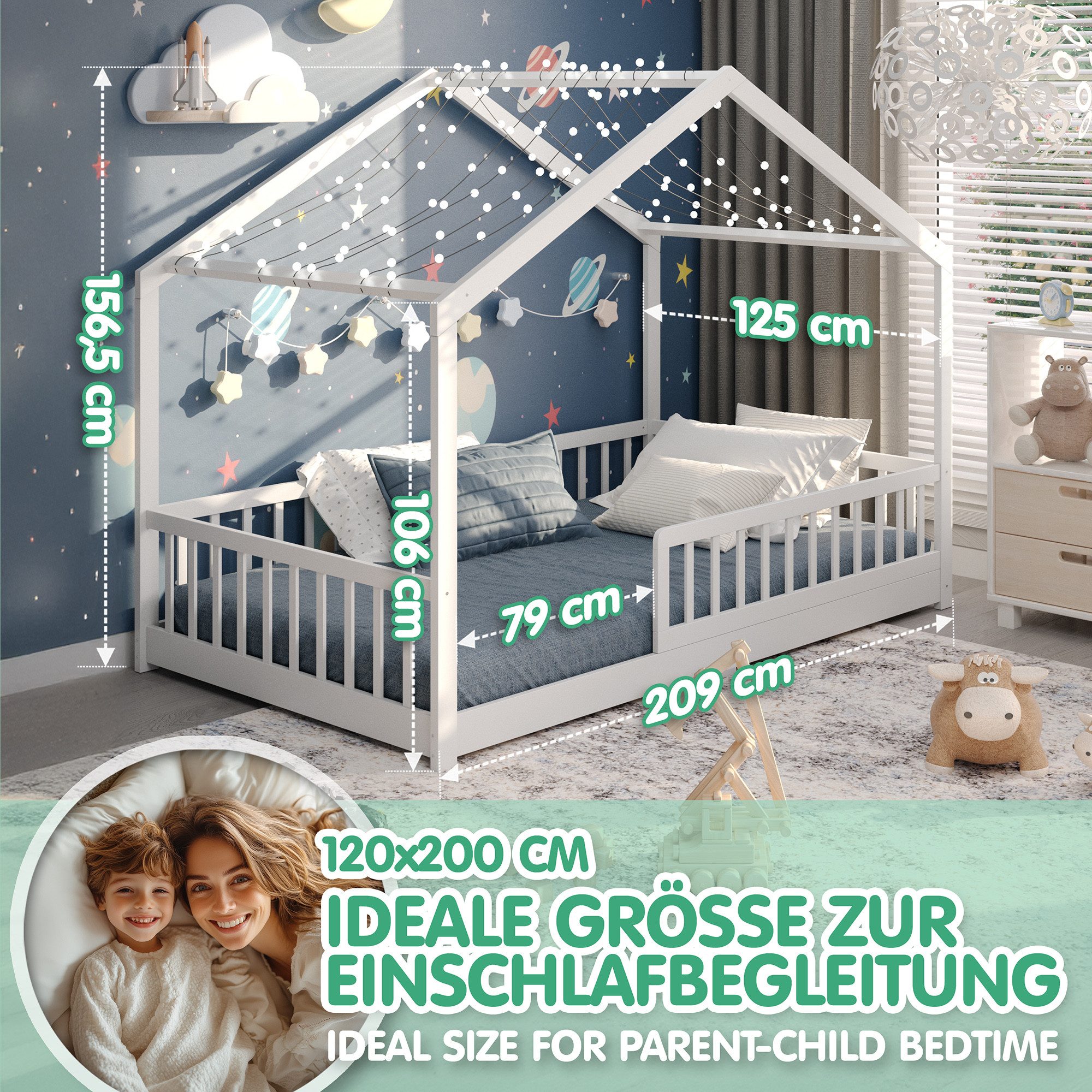 CADANI Kinderbett Malte Hausbett Bodenbett - Rausfallschutz abnehmbar - bis 200 kg (120x200 cm, Montessori Kinder- & Jugendbett aus Kiefer Massivholz), inkl. st – Bild 4 von 5