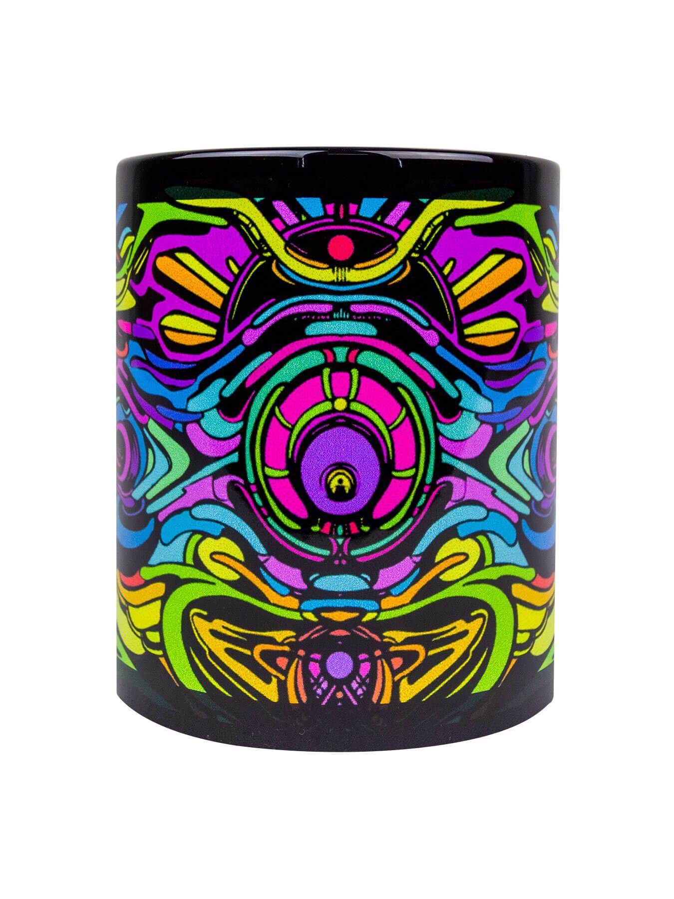 PSYWORK Tasse Fluo Cup Neon Motiv Tasse "Dragon Tempel", Keramik, UV-aktiv, leuchtet unter Schwarzlicht