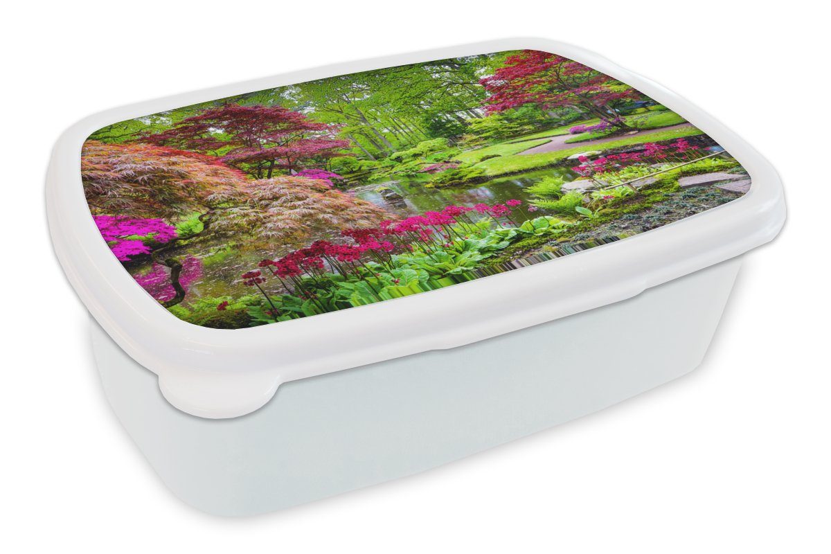 MuchoWow Lunchbox Bäume - Blumen - Japanisch - Natur - Wasser, Kunststoff, (2-tlg), Brotbox für Kinder und Erwachsene, Brotdose, für Jungs und Mädchen weiß