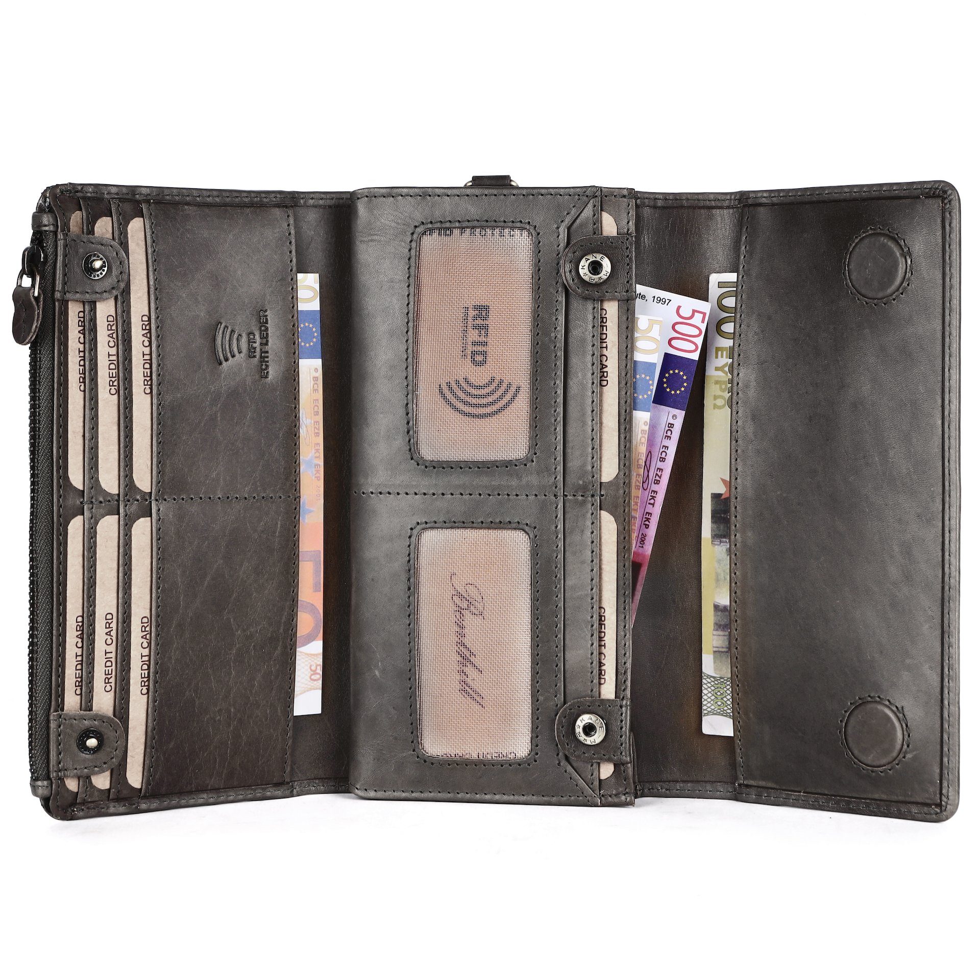 Benthill Geldbörse Damen Echt Leder Portemonnaie Groß RFID Vintage Geldbeutel XXL, RFID-Schutz Kartenfächer Münzfach Reißverschlussfach