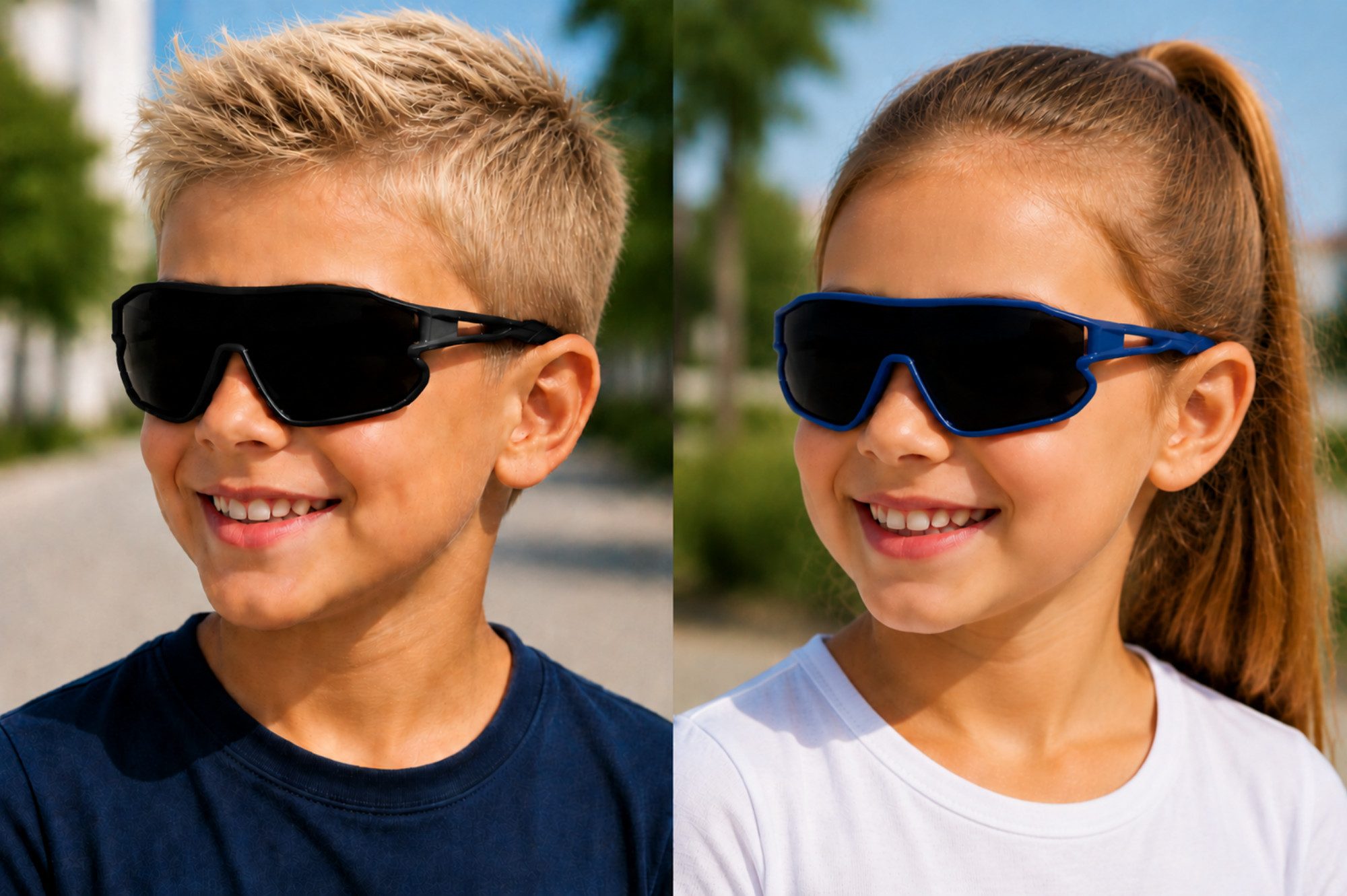 Vaccari-design Sonnenbrille Jungen Sportbrille Mädchen Radbrille UV400 Schwarz Getönt (für Kinder von 7 bis 13 Jahre) Wrap Around, Leichtgewicht, Gestell Schwarz oder Blau