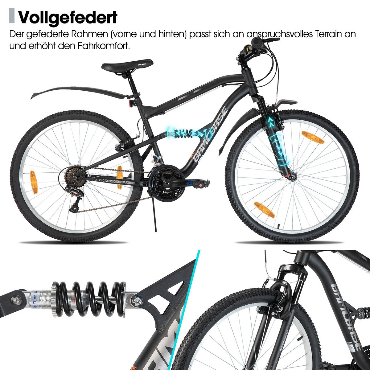 HILAND Mountainbike 26 Zoll Vollfederung Herren Damen Mountainbike, Mit 18-Gang-Schaltung, Federgabel und vollgefedertem Rahmen, Kotflügel