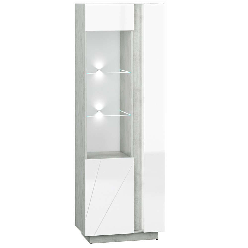 Lomadox Vitrine LAGONEGRO-131 Wohn-/Esszimmer in Beton Optik mit weiß Glanz, B/H/T 69/201/40 cm