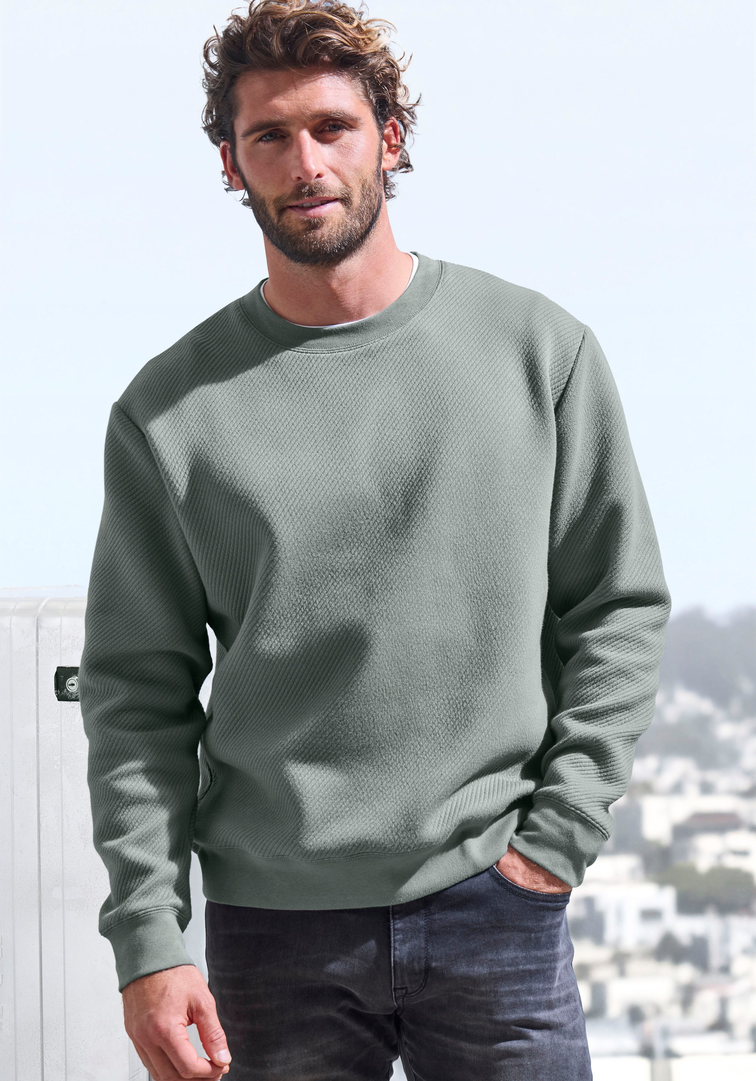 John Devin Sweatshirt, Langarm, Pullover mit Struktur, Rundhals, Baumwollmi günstig online kaufen