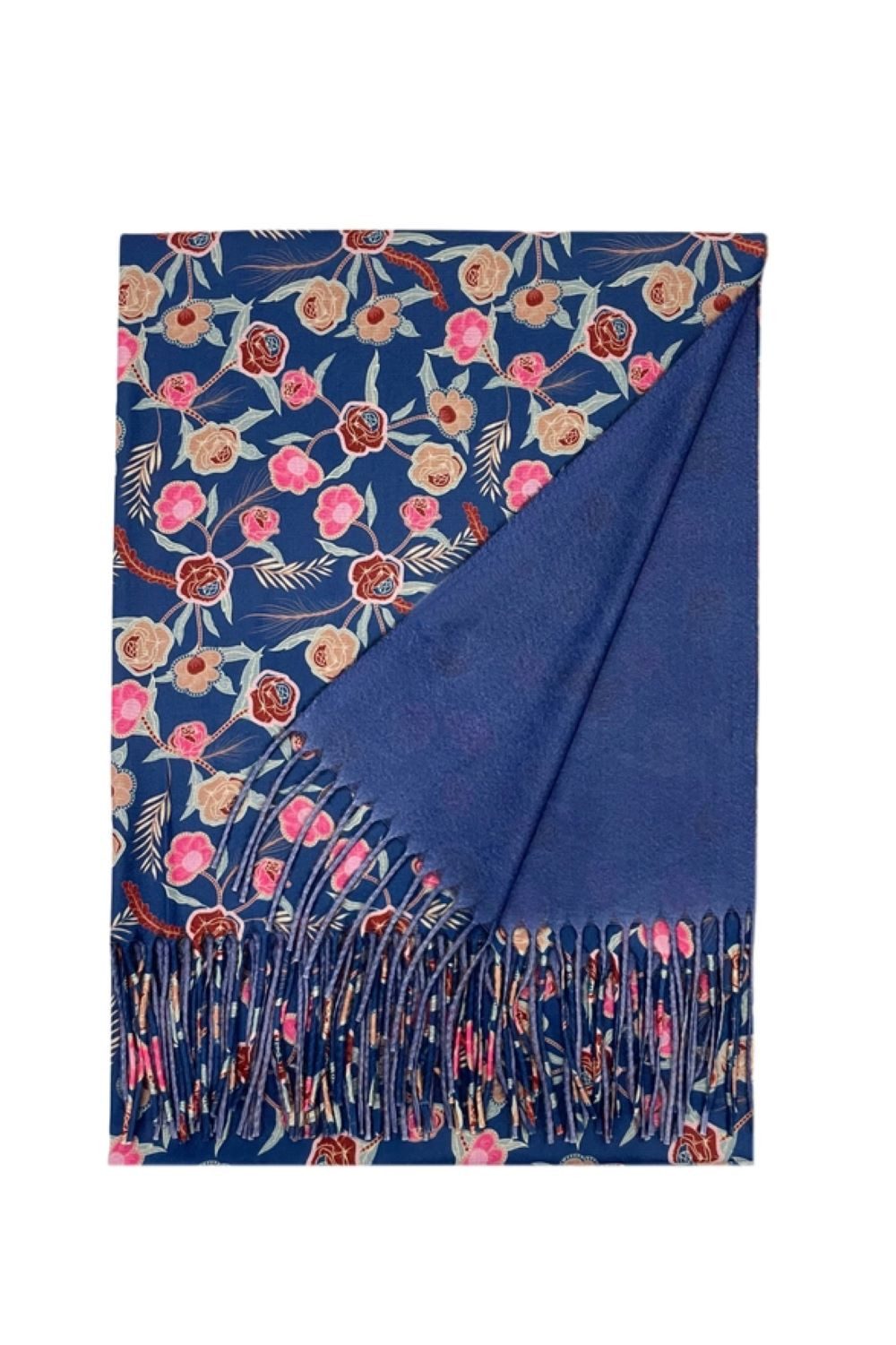 Fashion Scarf World Schal Eleganter Quastenschal mit floralem Muster – Blau und Rosa, Weich, wärmend und angenehm leicht auf der Haut