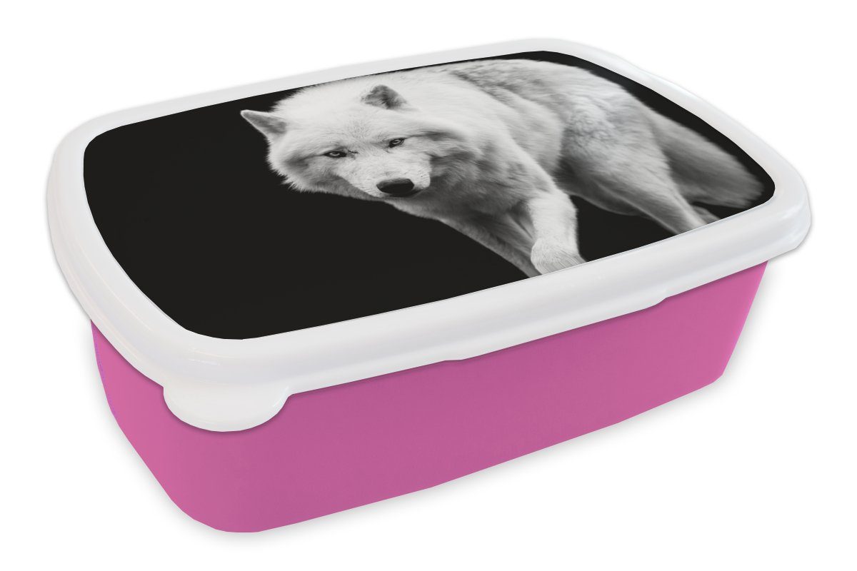 MuchoWow Lunchbox Wolf - Tier - Schwarz - Weiß, Kunststoff, (2-tlg), Brotbox für Erwachsene, Brotdose Kinder, Snackbox, Mädchen, Kunststoff rosa
