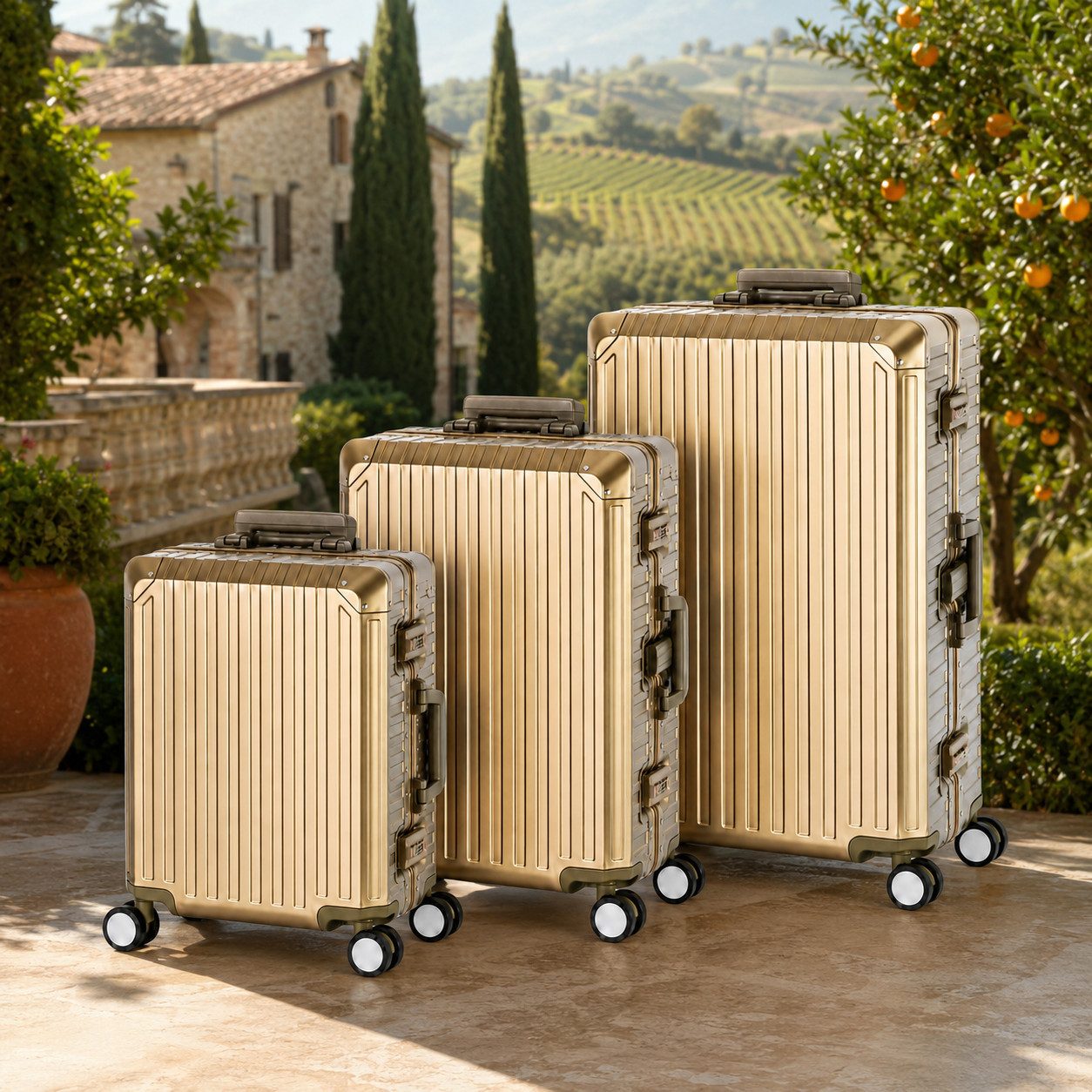 Travelhouse Kofferset 100% Aluminium TOKYO - verschiedene Farben, 4 Rollen, (3 tlg., S+M+L), Zipperless - Kein Reißverschluss, TSA Zahlenschloss, Nassfach
