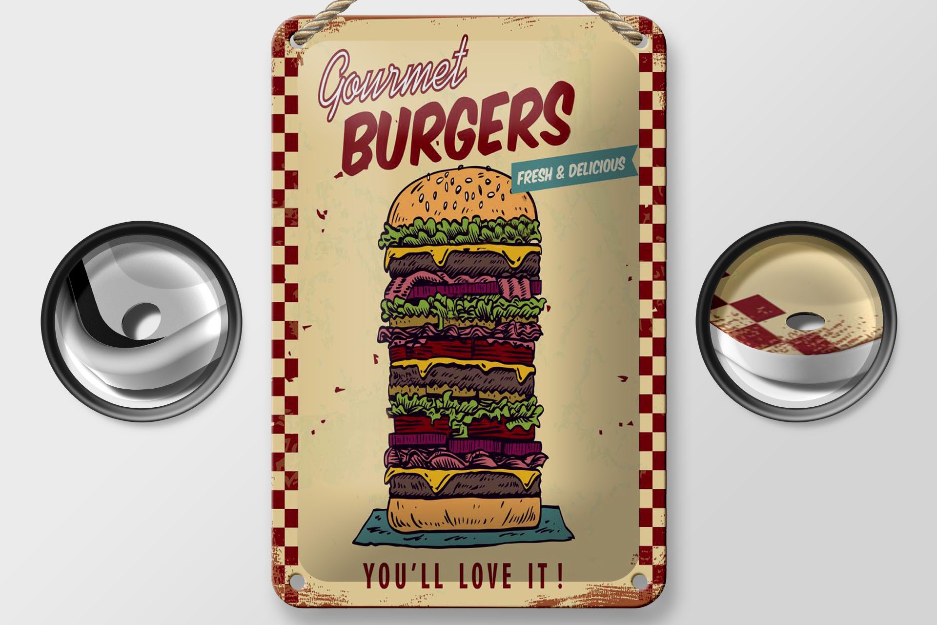 Femer GmbH Metallschild Reklame 12x18 cm Gourmet Burgers, (1 St), gewölbte Oberfläche, abgerundete Ecken, umgeschlagene Kanten