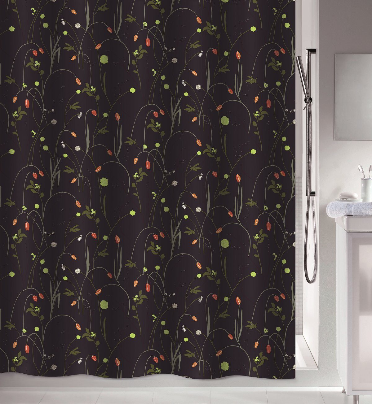 spirella Duschvorhang CONTRASTE, Textil-Duschvorhang, 100% Polyester, wasserabweisend, Anti-Schimmel-Effekt, waschbar 40°, florales Motiv, Farbe schwarz-bunt, Größe 180 x 200 cm
