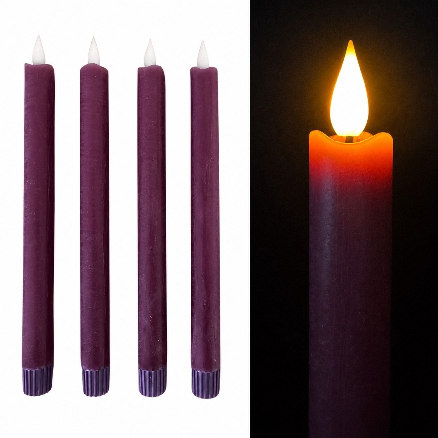 Online-Fuchs LED-Kerze 4 LED Stabkerzen aus Echtwachs mit 6-Stunden Timer - 478042 (Weiß, Creme, Rot, Grün, Lila & Altrosa, Long Shine Funktion), realistische Kerzenflamme mit Docht und einem Wellenrand