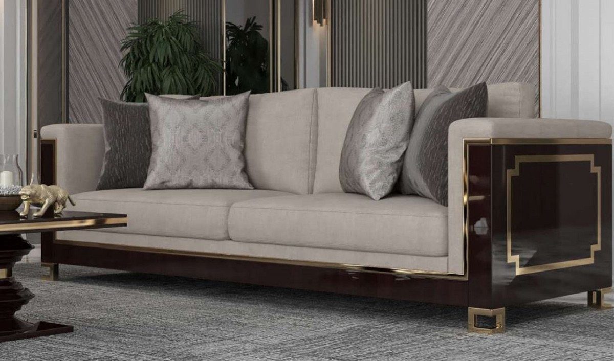 Casa Padrino Sofa Luxus Art Deco Sofa Hellgrau / Dunkelbraun Hochglanz / Gold - Handgefertigtes Massivholz Wohnzimmer Sofa mit edlem Samtsoff - Luxus Qualität - Art Deco Möbel