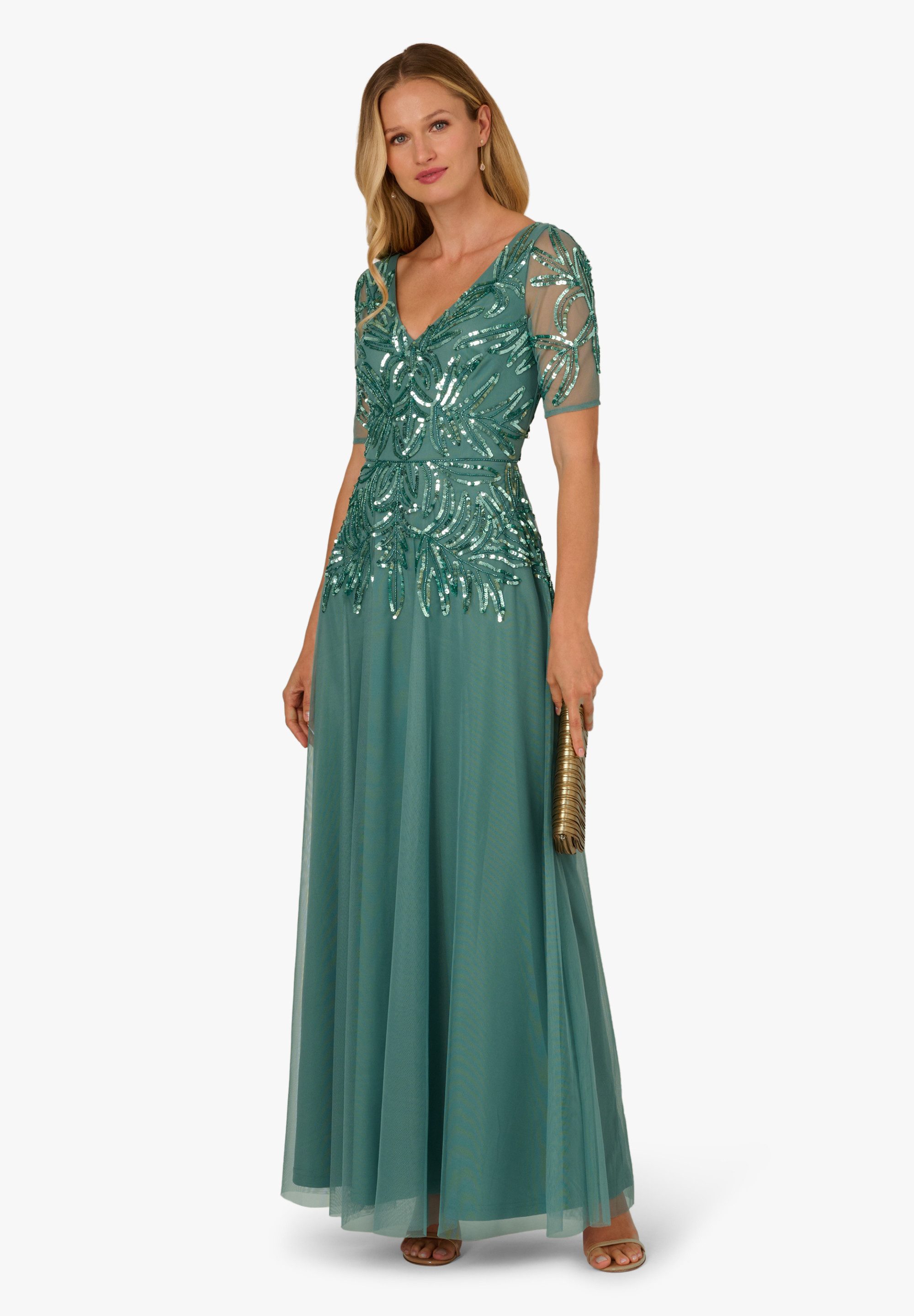 Adrianna Papell Abendkleid Beaded Mesh Long Dress Funkelndes Kleid mit Perlen und Pailletten