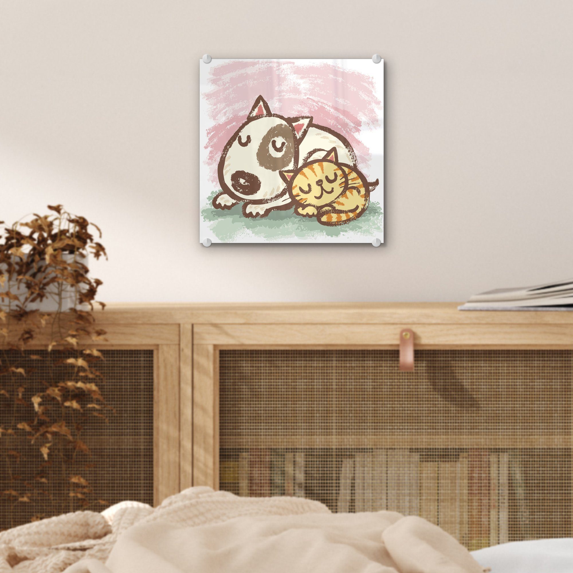 MuchoWow Acrylglasbild Illustration eines - Glasbilder Hundes Wandbild (1 - Wanddekoration Foto der und Bilder Kindheit, Glas auf aus Katze einer - St), Glas auf