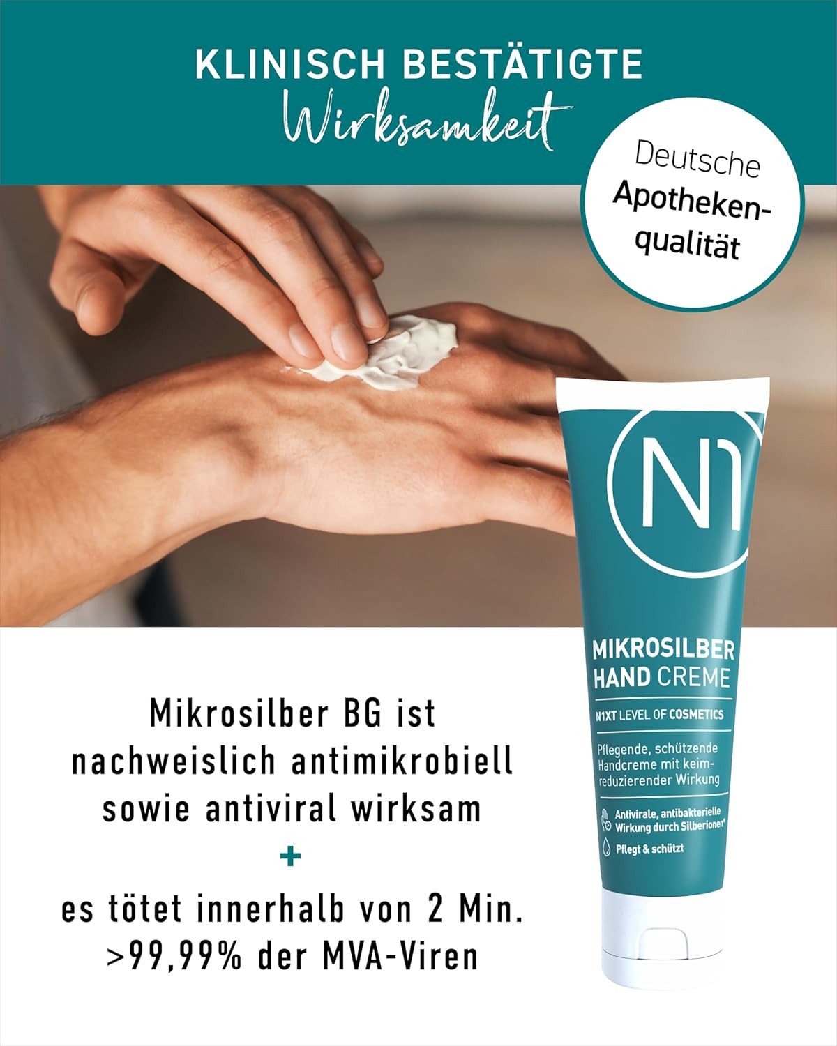 N1 Healthcare Handcreme N1 Mikrosilber Handcreme, 150ml [inkl. Desinfektion], Desinfiziert und pflegt die Haut gleichzeitig.