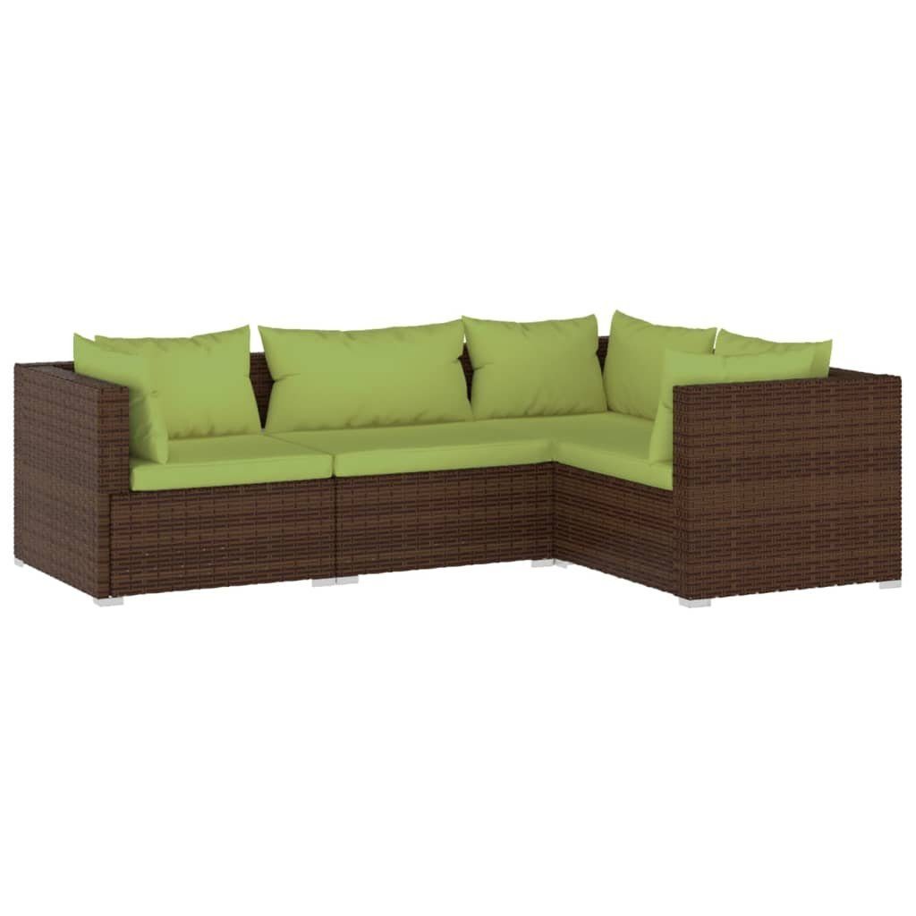 vidaXL Gartenlounge-Set 4-tlg. Garten-Lounge-Set mit Auflagen Poly Rattan Braun, (1-tlg)