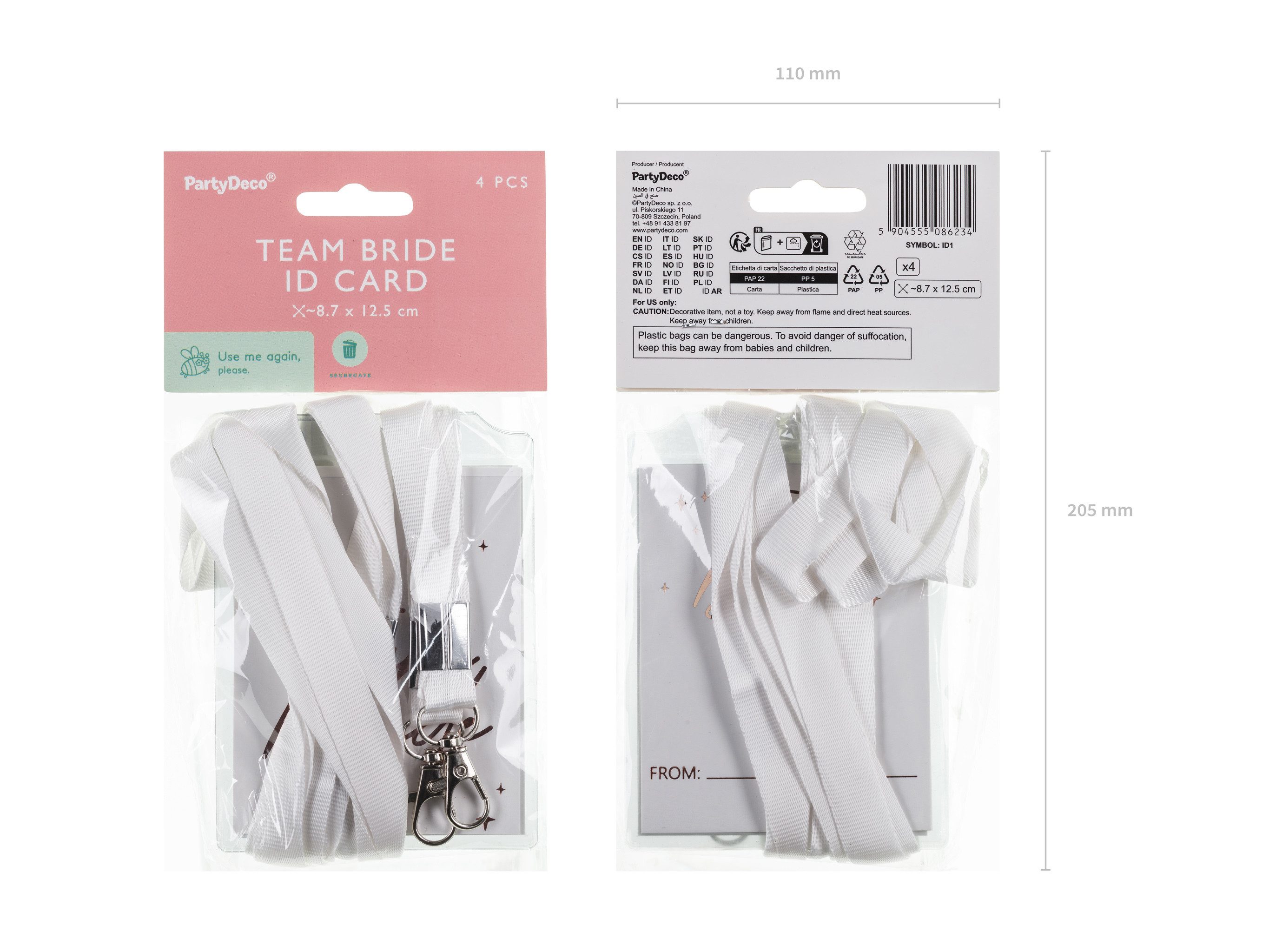 partydeco Kostüm, Team Bride Abzeichen für Frauen JGA 4er Set Weiß Roségold