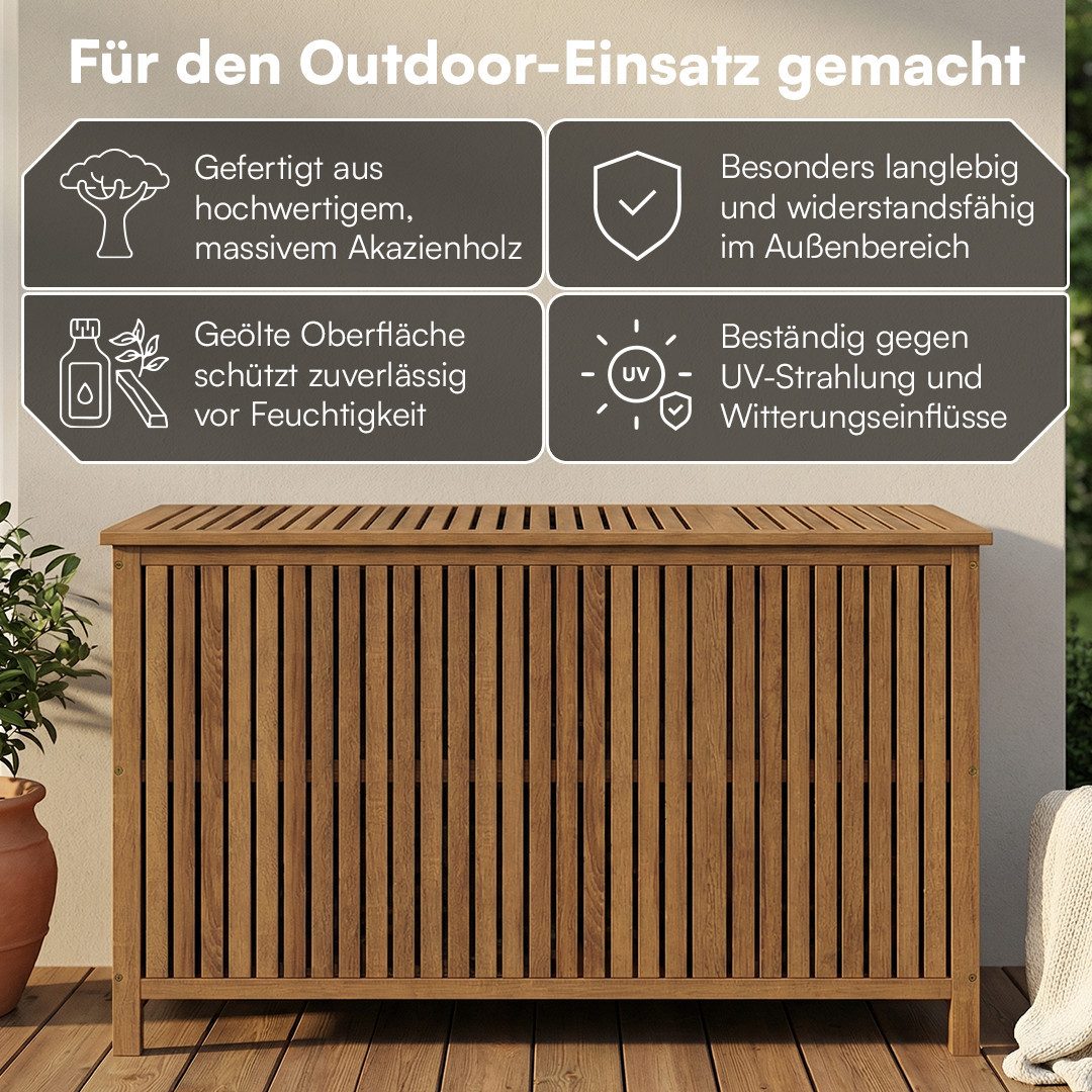 STEELSØN Auflagenbox Alkes Gartenbox aus Akazienholz mit klappbarem Deckel (geölt), wetterfeste Kissenbox, hochwertige Innentasche, Sitztruhe für Garten
