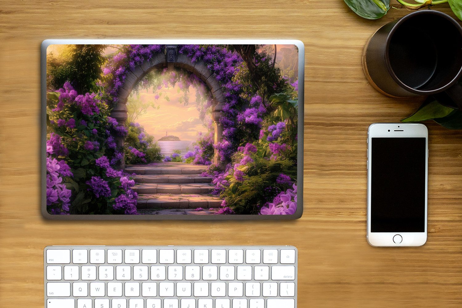 MuchoWow Laptop-Aufkleber Tor - Lila - Blumen, (1tlg), Laptop Folien Cover, Aufkleber, Sticker, Schutz vor Kratzern, 25x18 cm