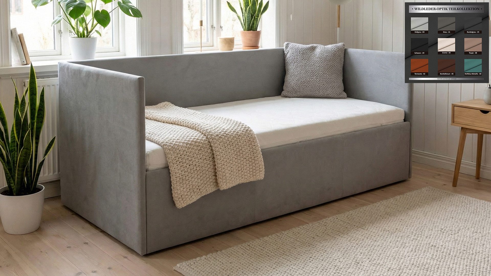 PAARA Polsterbett in Sofa Optik mit Bettkasten inkl. Lattenrost & Matratze (Lattenroste), Modell Sofia 90GK