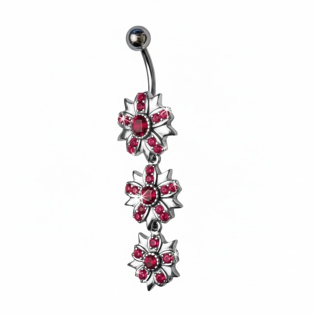 Bauchnabelpiercing Damen Silbersterling 925 3 Blüten Rubinrot / Rosa Kristallen