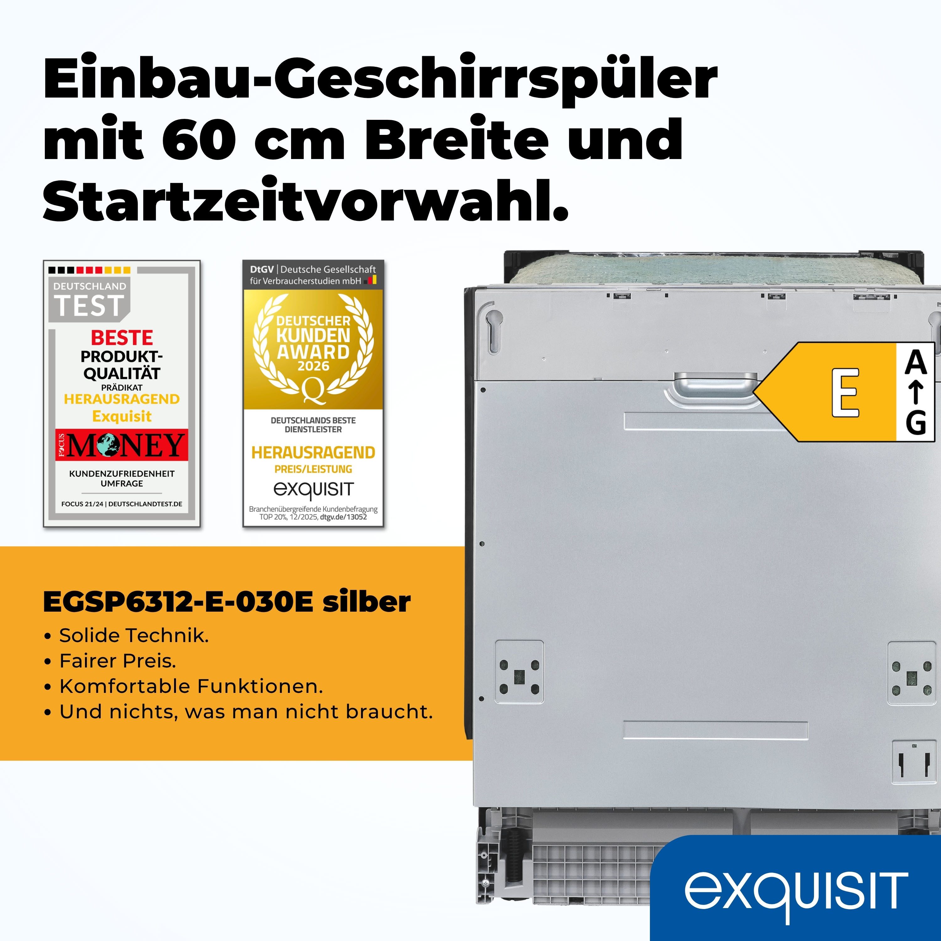 exquisit vollintegrierbarer Geschirrspüler 6312 EGSP6312-E-030E silber, 11 l, 12 Maßgedecke, 12 Maßgedecke & flüsterleise 49 dB – stark und angenehm ruhig