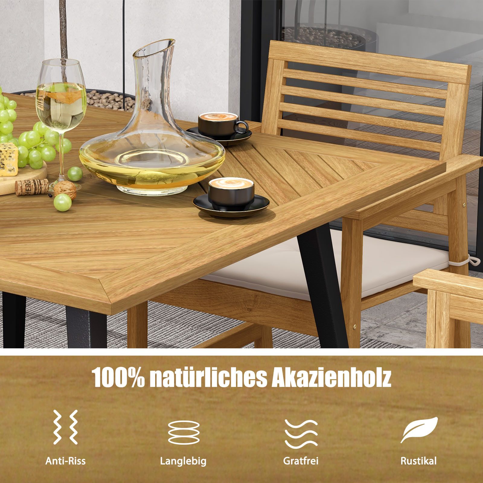 COSTWAY Gartentisch, Akazienholz mit Schirmloch, 107x107cm Balkontisch rechteckig