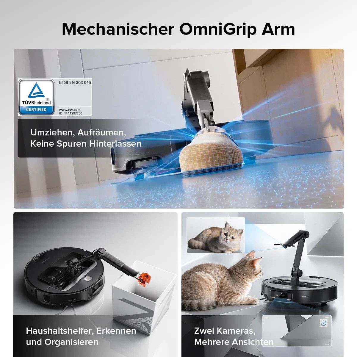 Roborock Nass-Trocken-Saugroboter Roborock Saros Z70 Staubsaugerroboter mit OmniGrip™ Arm silber, Beutellos 0,18 l, Saugen und Wischen in einem Arbeitsgang
